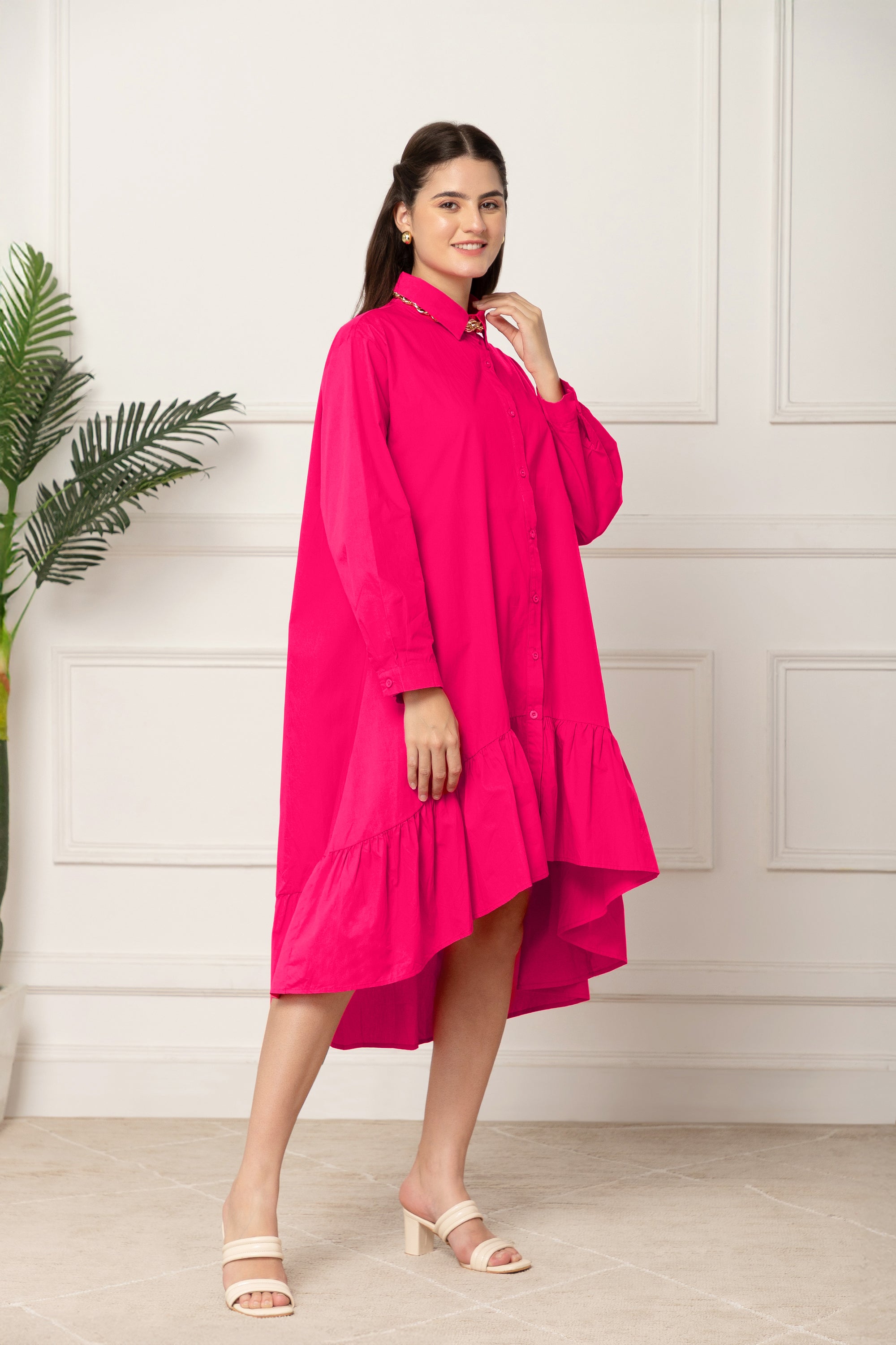 PETUNIA PINK FLARED COTTON LONG DRESS FOR WOMEN