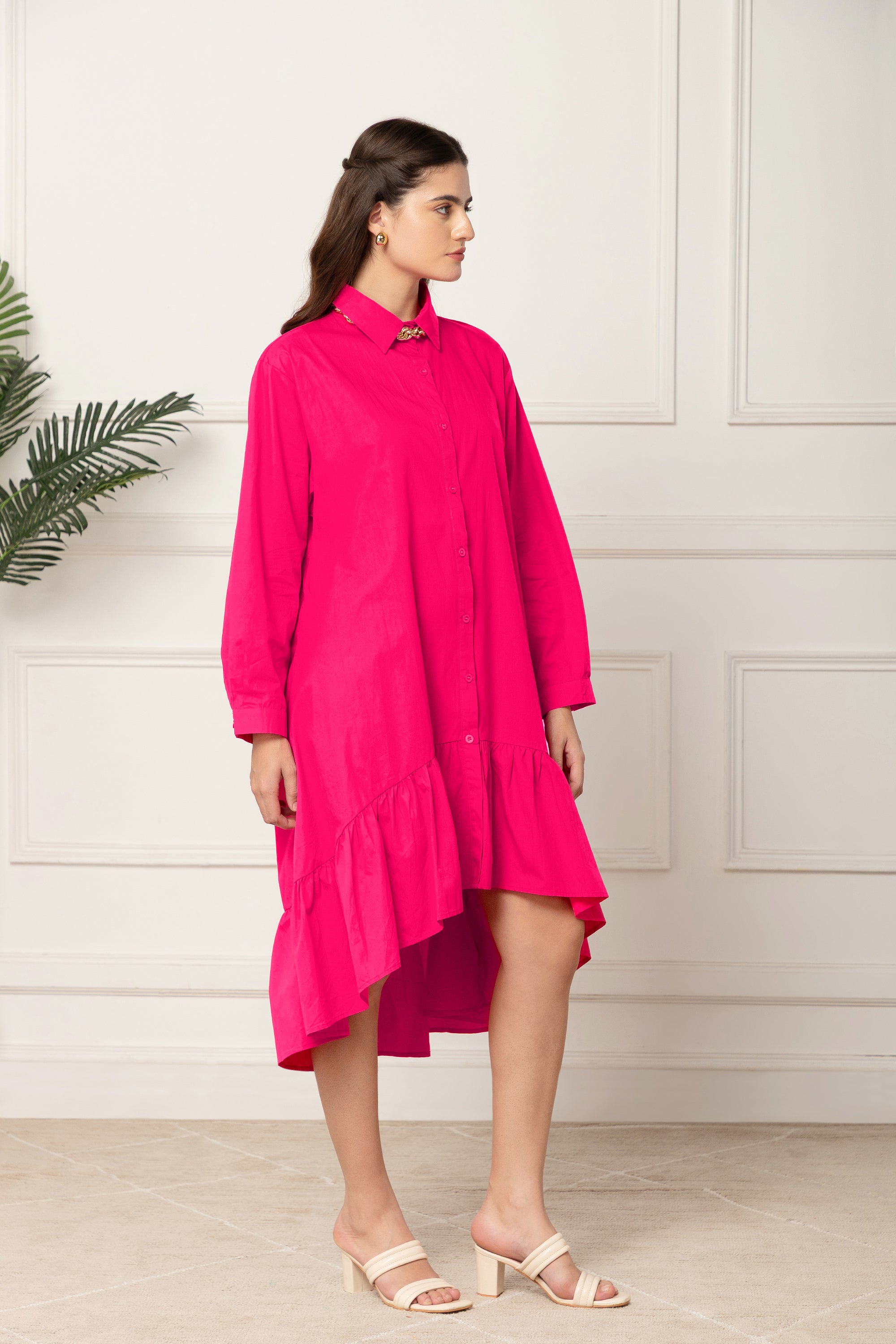 PETUNIA PINK FLARED COTTON LONG DRESS FOR WOMEN