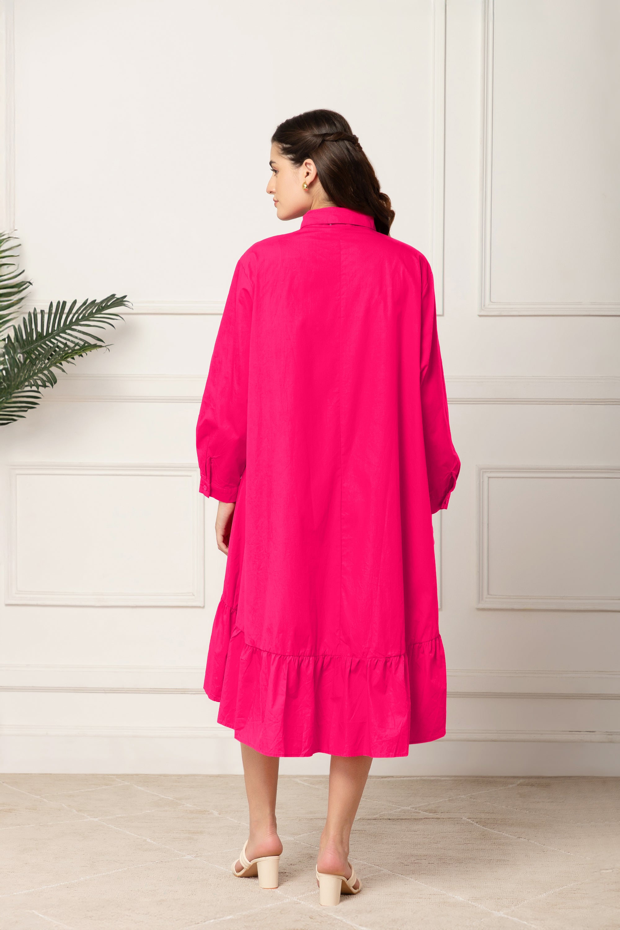 PETUNIA PINK FLARED COTTON LONG DRESS FOR WOMEN