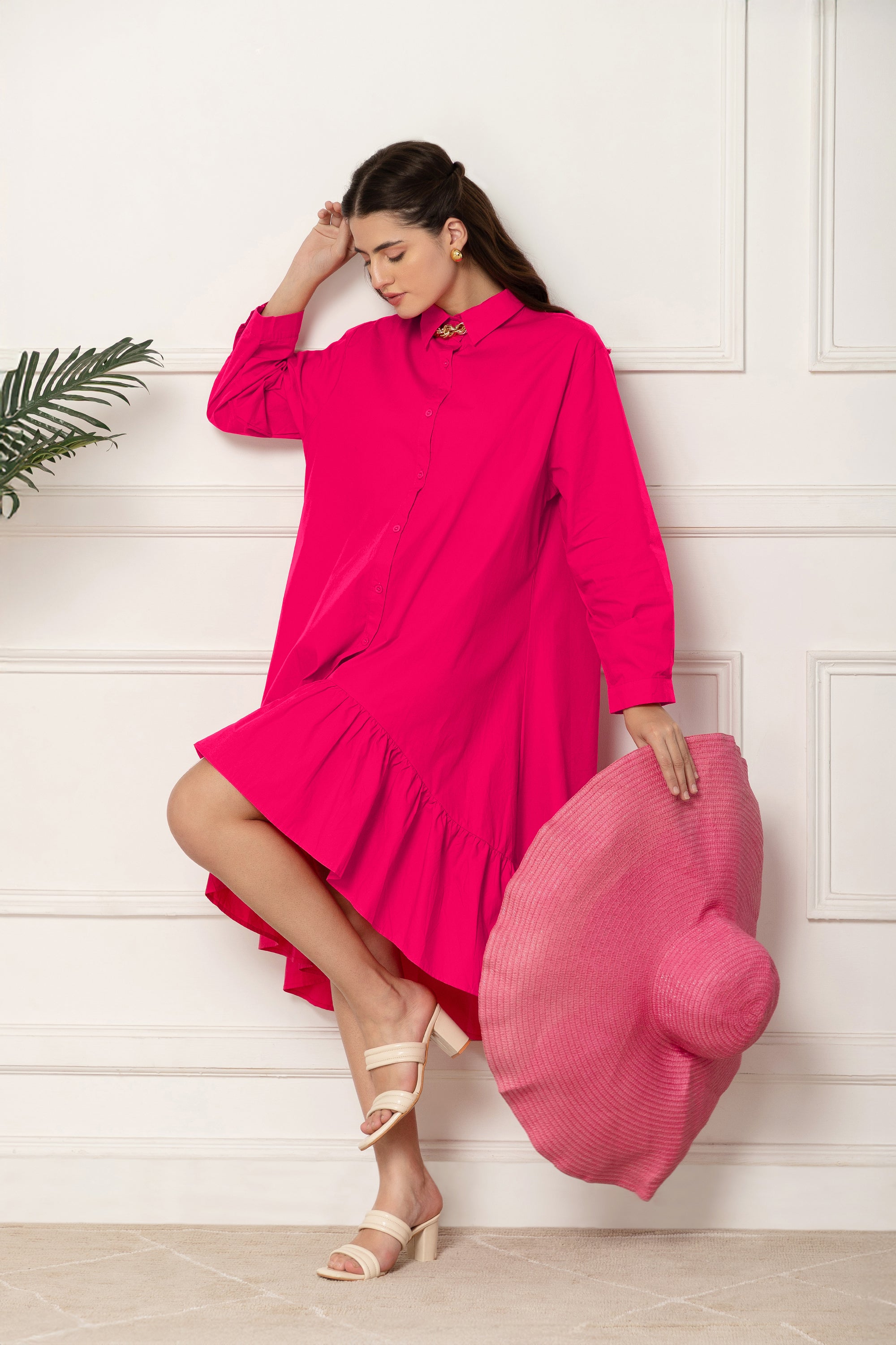 PETUNIA PINK FLARED COTTON LONG DRESS FOR WOMEN