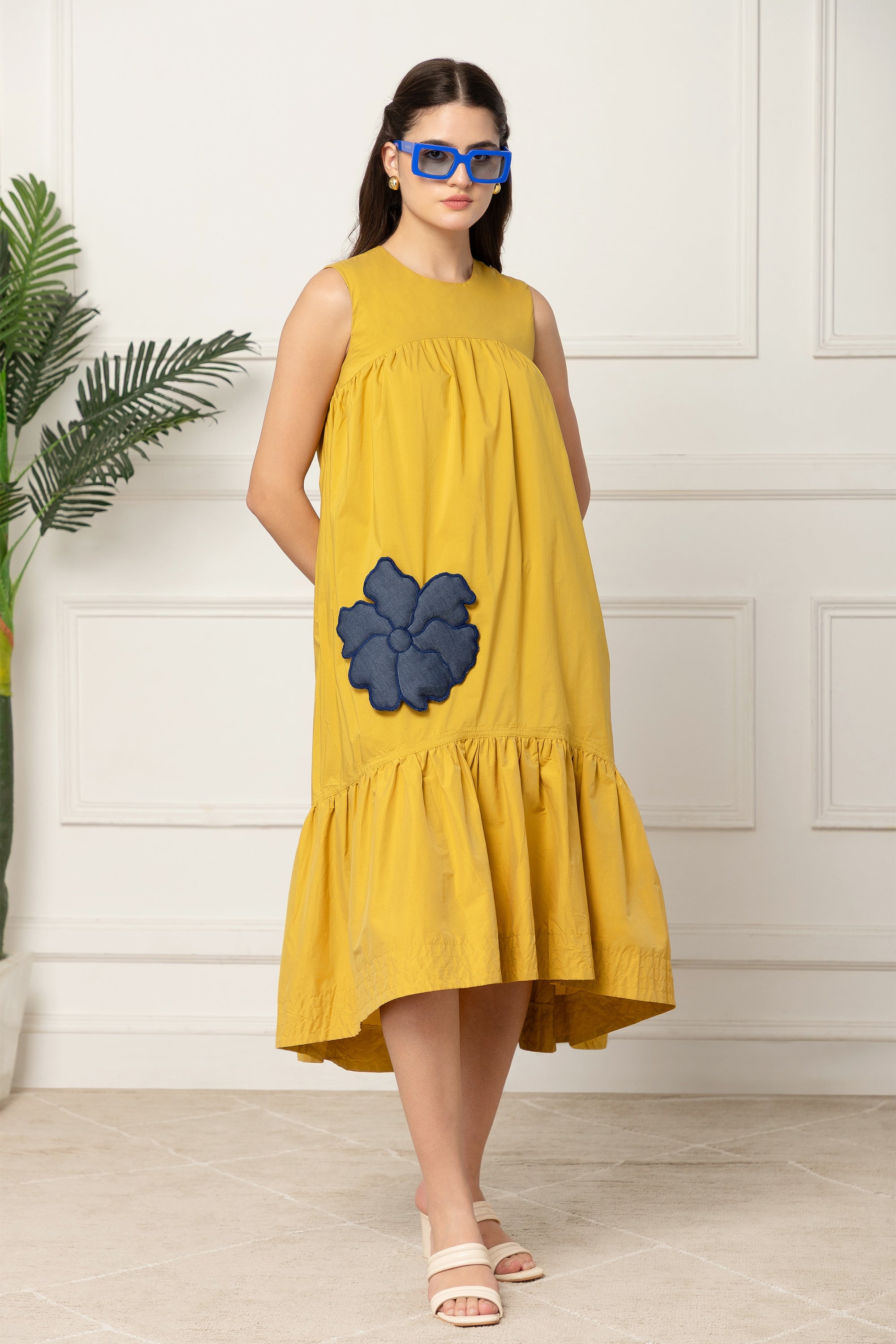 GIANNA YELLOW FLARED COTTON LONG DRESS FOR WOMEN