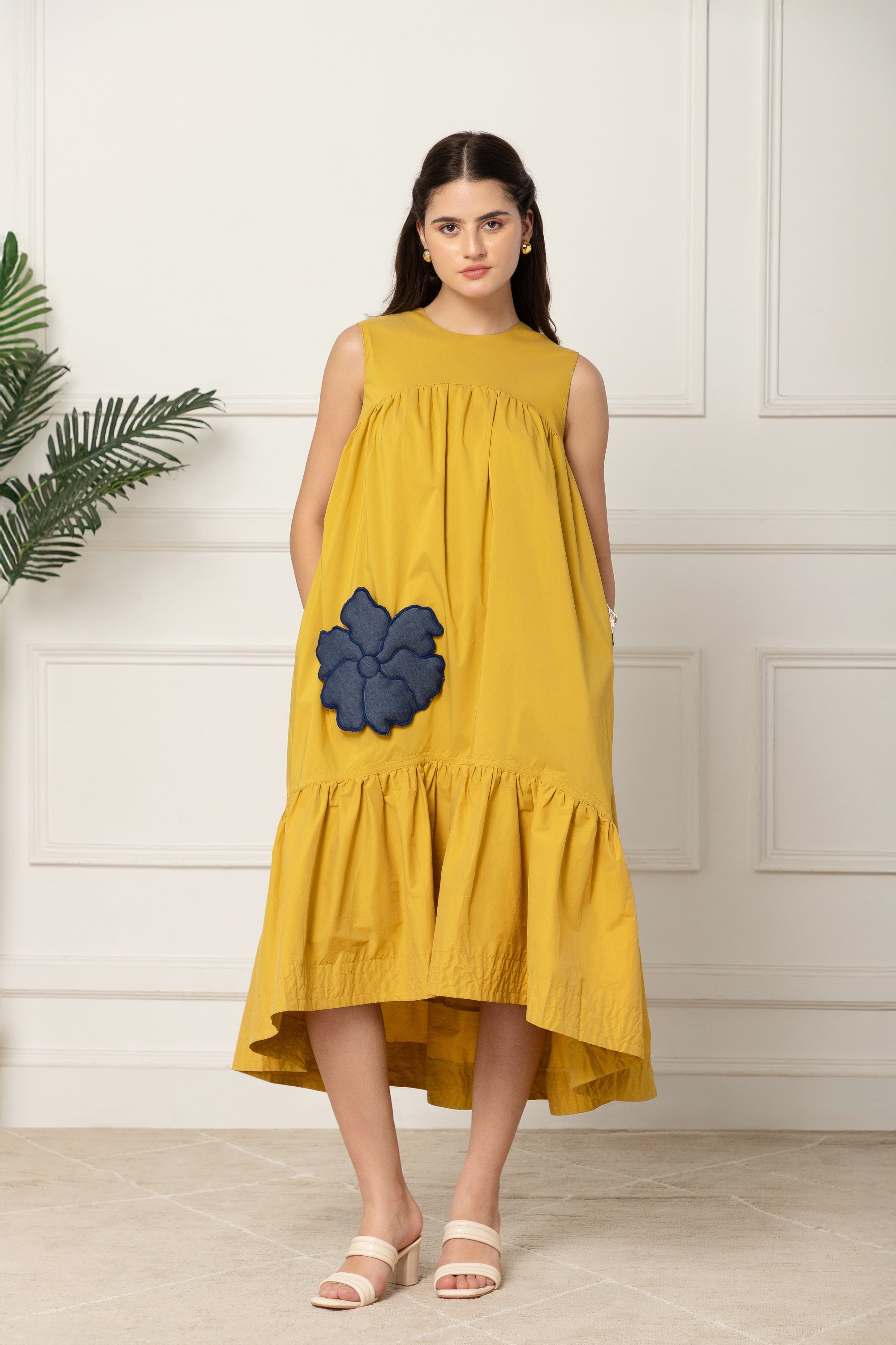GIANNA YELLOW FLARED COTTON LONG DRESS FOR WOMEN