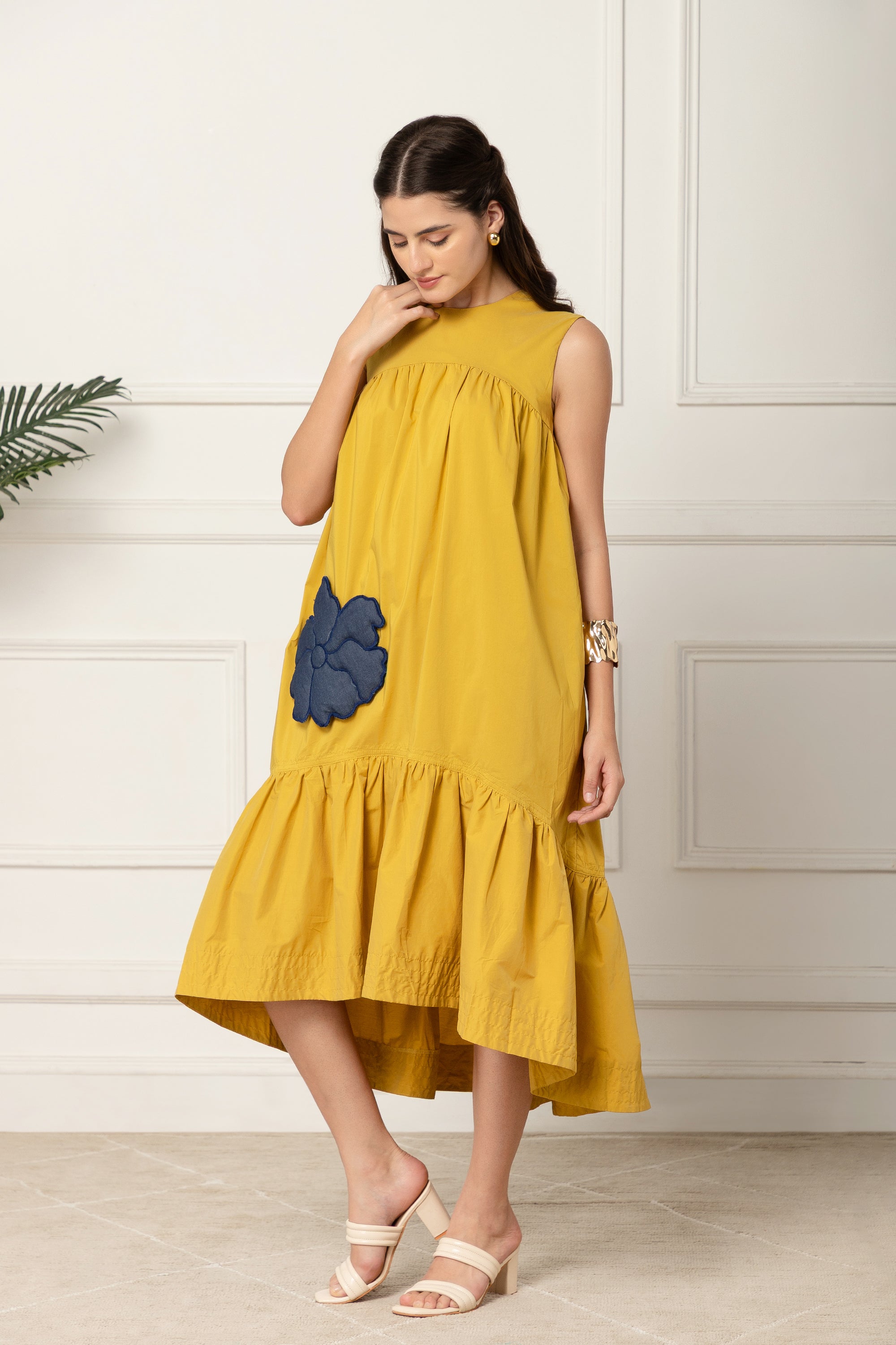 GIANNA YELLOW FLARED COTTON LONG DRESS FOR WOMEN