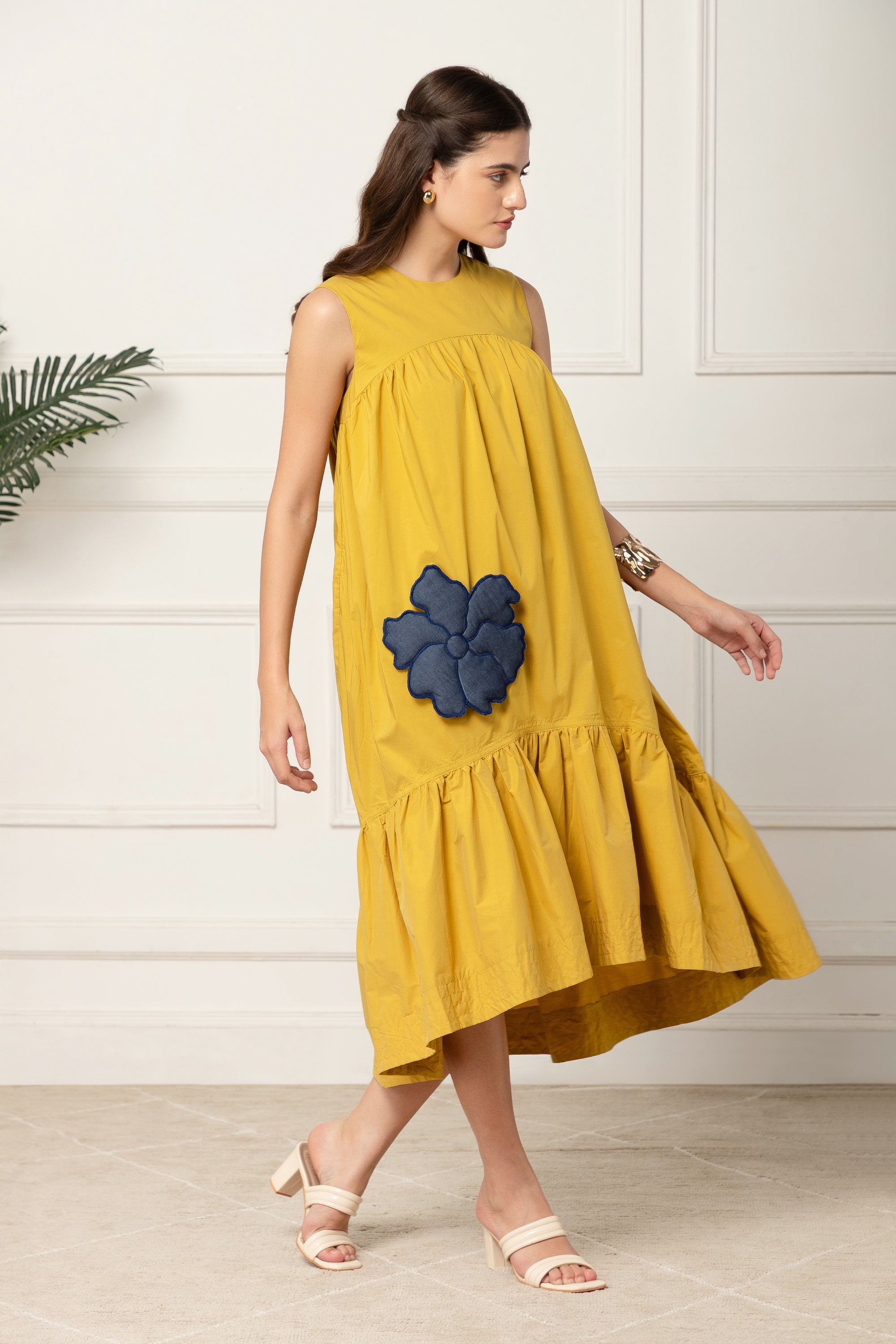 GIANNA YELLOW FLARED COTTON LONG DRESS FOR WOMEN