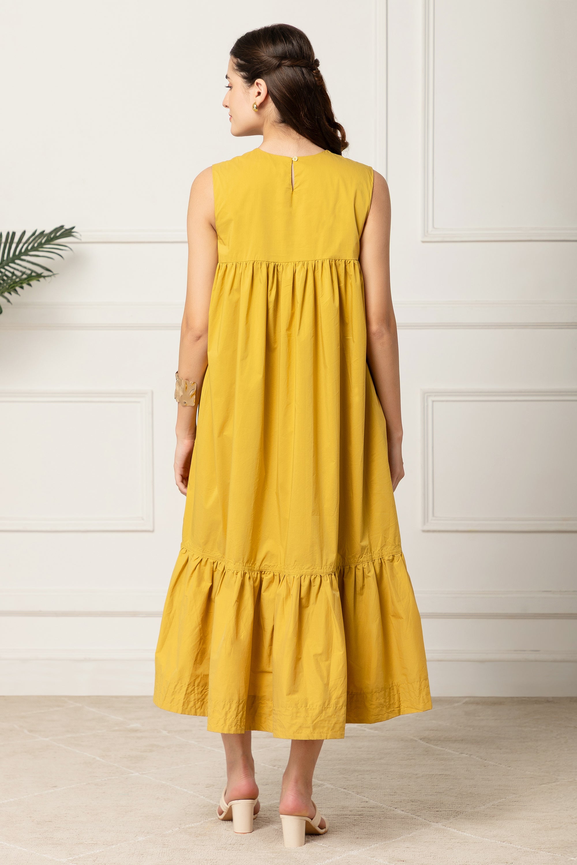 GIANNA YELLOW FLARED COTTON LONG DRESS FOR WOMEN