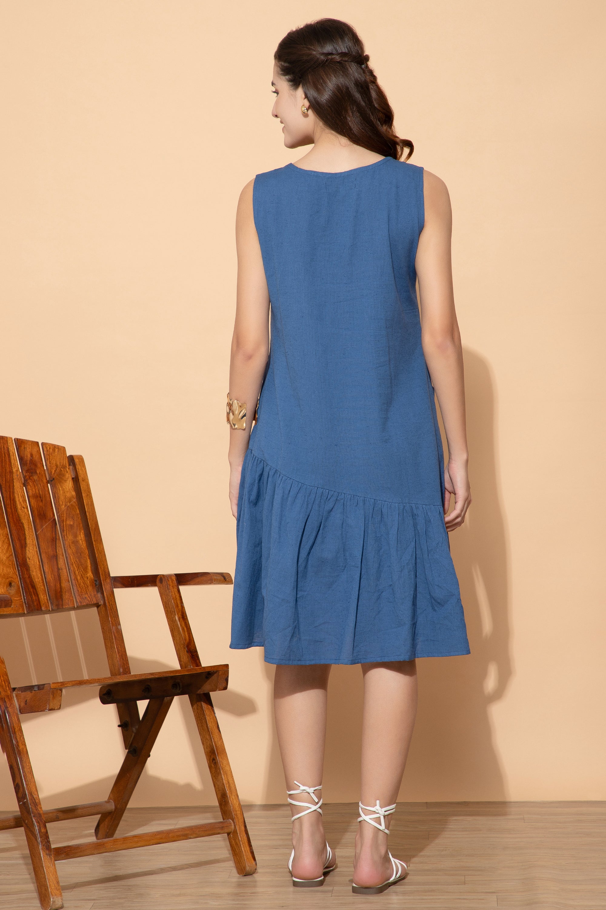 Olga Blue Linen Short Dress For Women