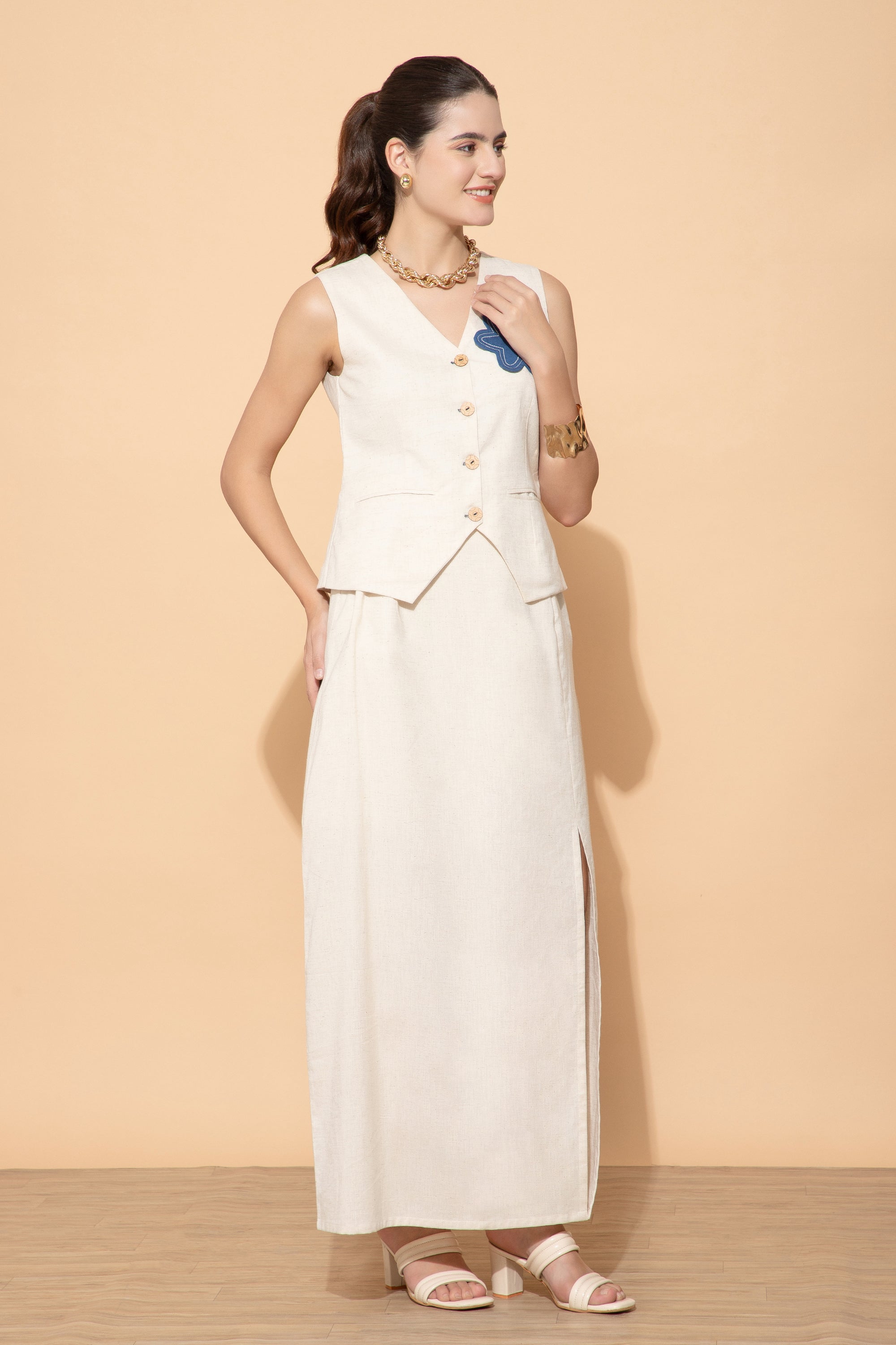Cream Linen Vest And Skirt Coord Set