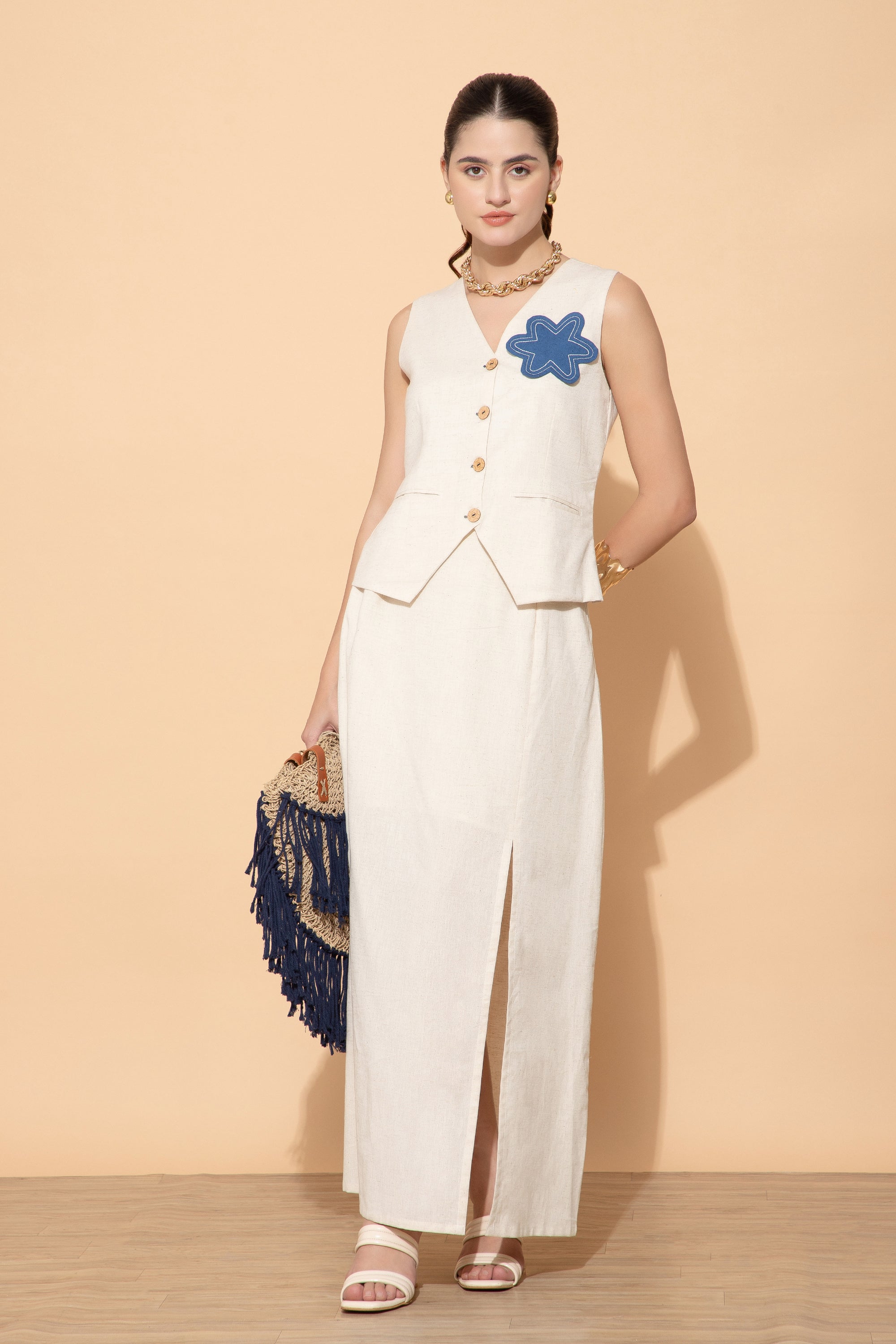 Cream Linen Vest And Skirt Coord Set