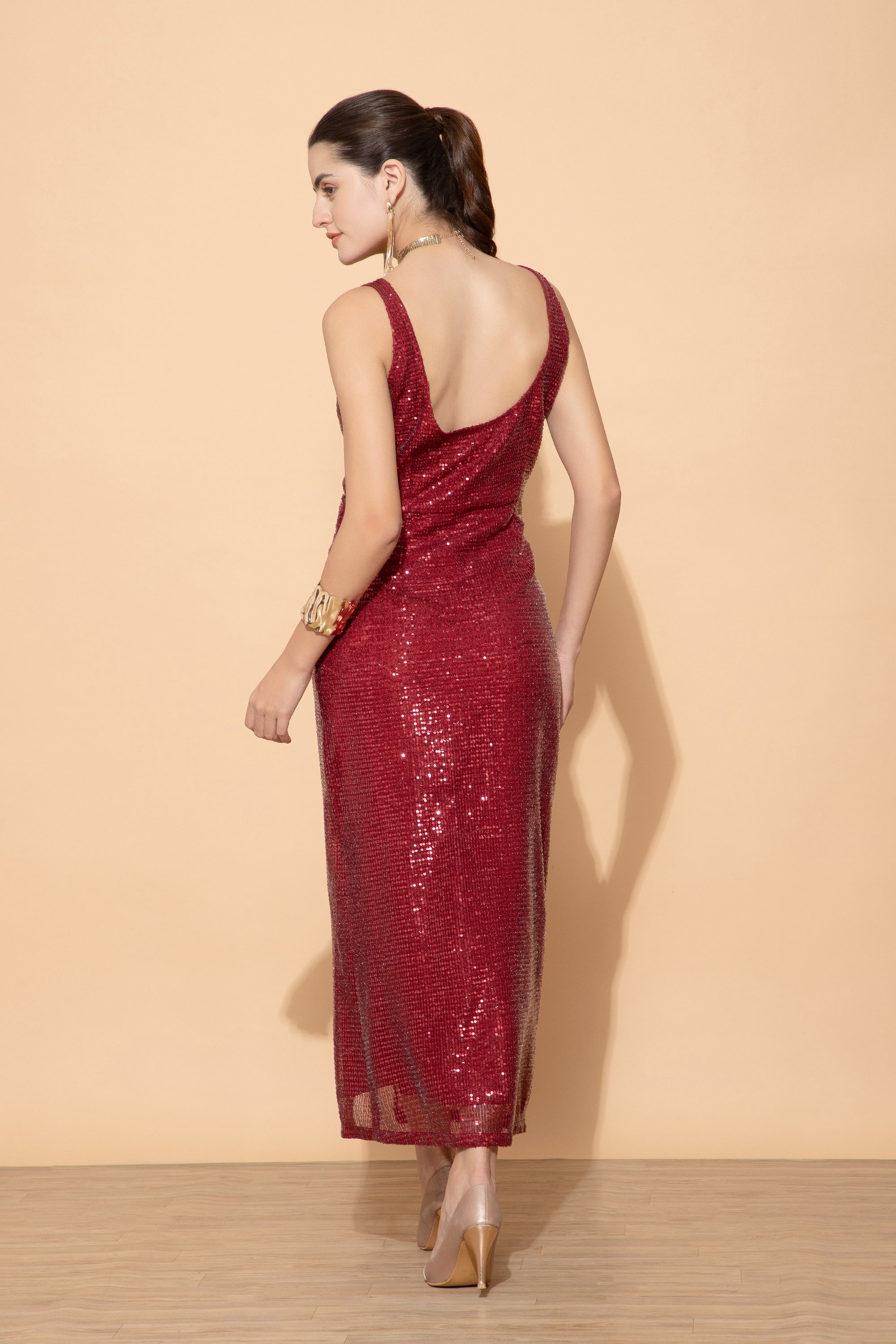 Aglaia Red Sleeveless V Neck Western Dress For Women