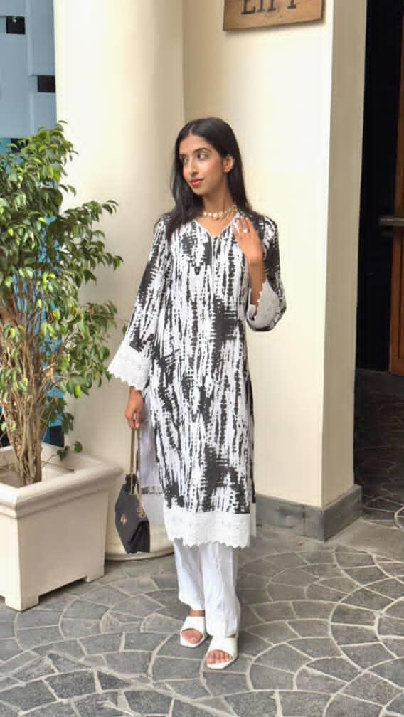 BLUSH TIE-DYE LACE BLACK KURTA FOR WOMEN