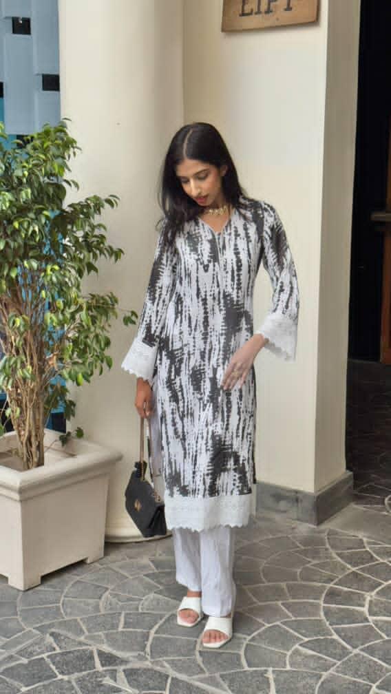 BLUSH TIE-DYE LACE BLACK KURTA FOR WOMEN
