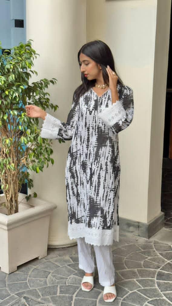 BLUSH TIE-DYE LACE BLACK KURTA FOR WOMEN
