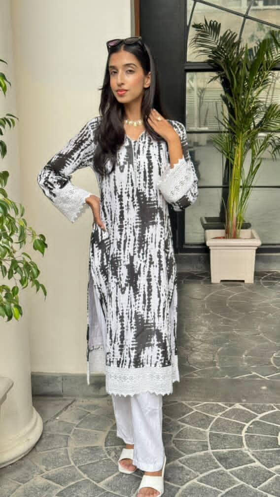 BLUSH TIE-DYE LACE BLACK KURTA FOR WOMEN