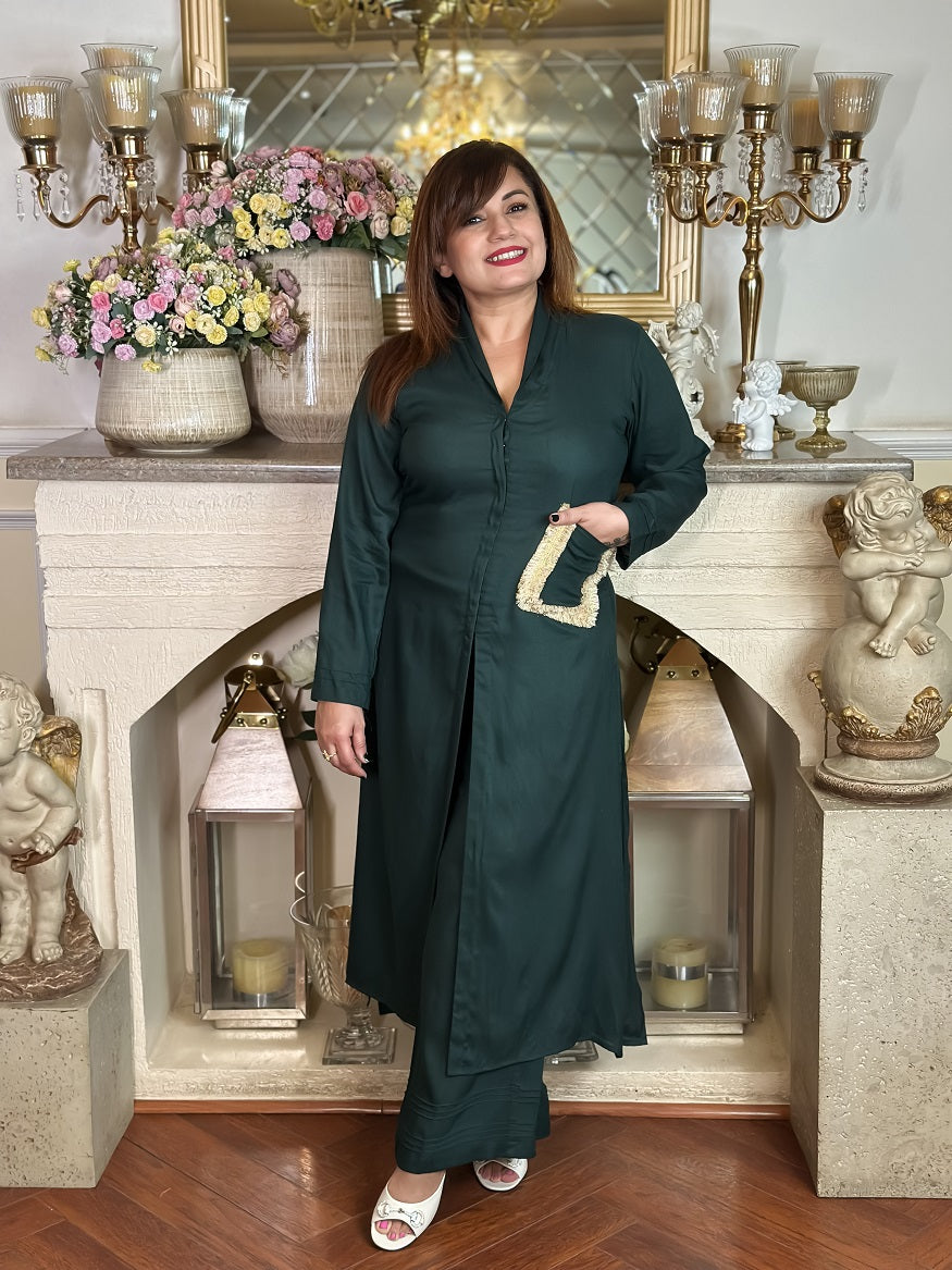 I AM BRAVE GREEN ASYMMETRIC POCKET WITH LACE DETAILS COORD-SET
