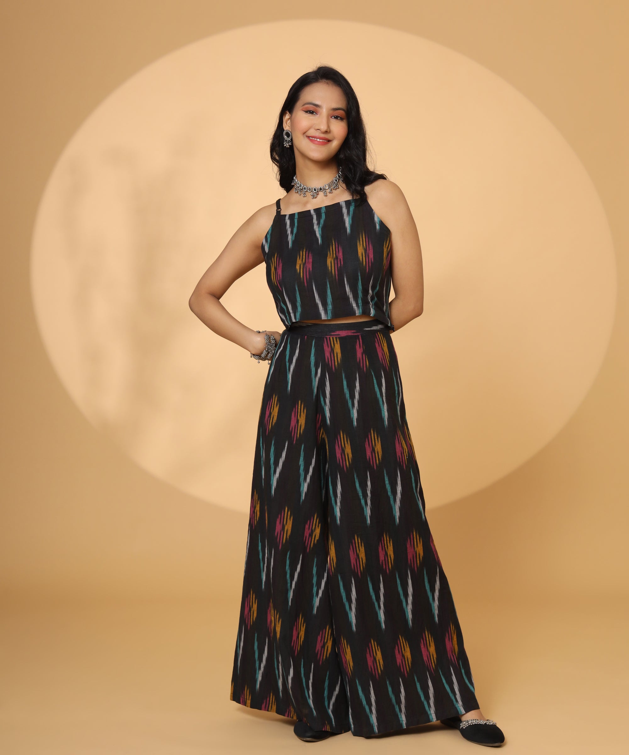 BLACK SLEEVELESS IKAT COORD SET FOR WOMEN