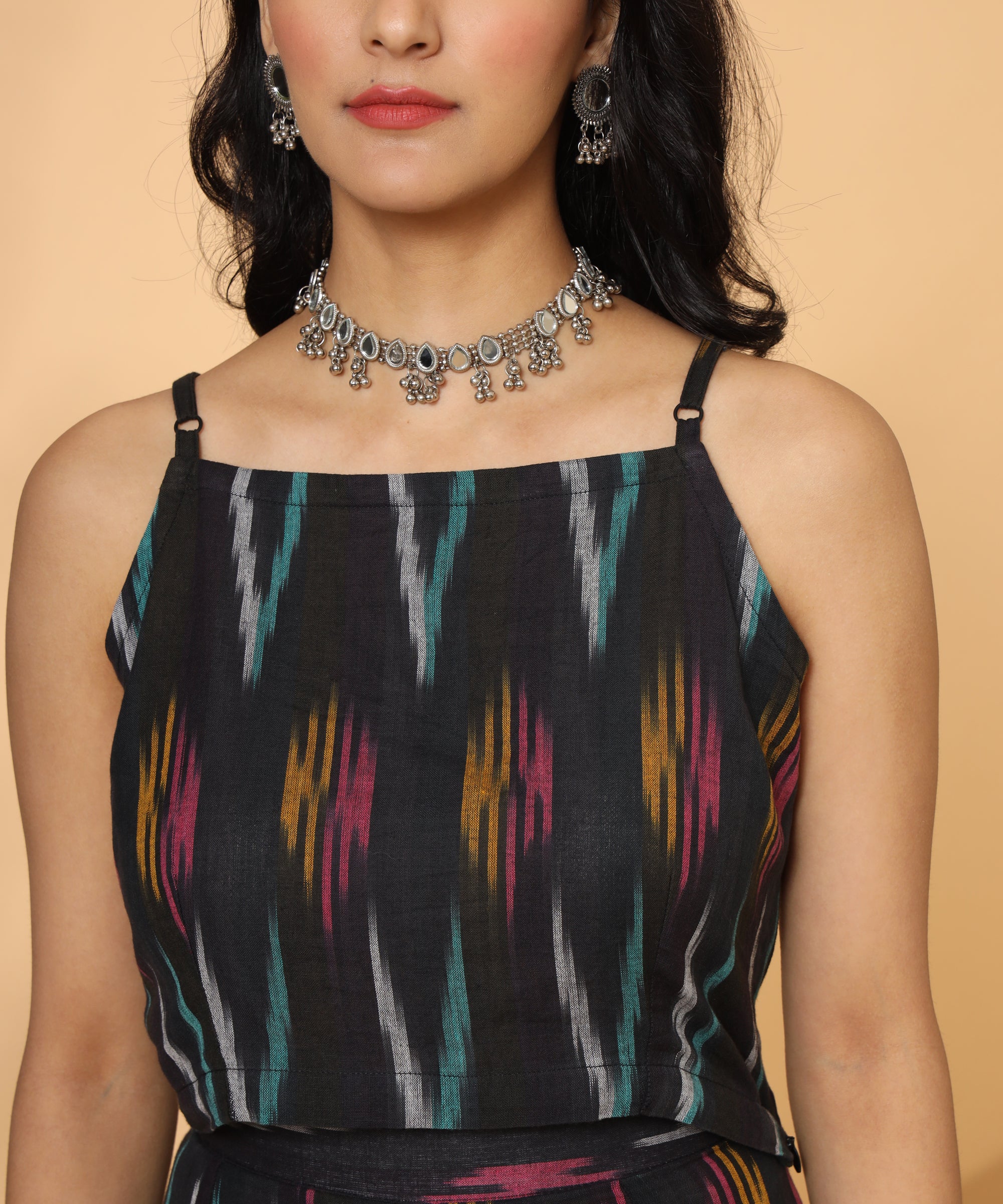 BLACK SLEEVELESS IKAT COORD SET FOR WOMEN