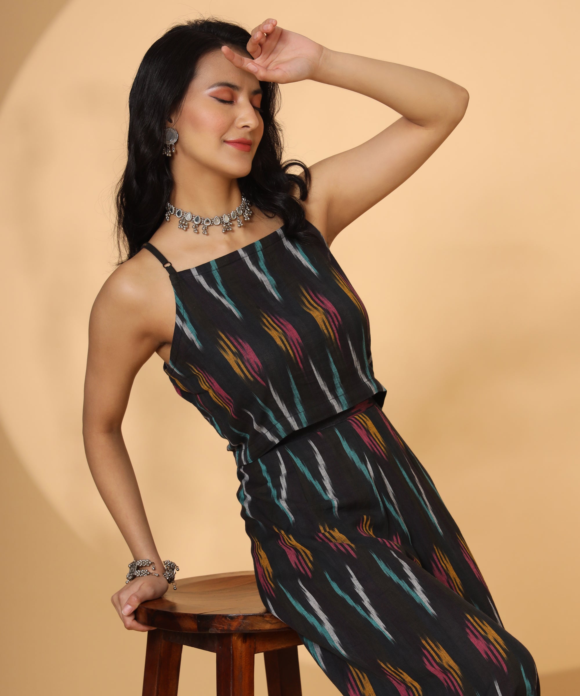 BLACK SLEEVELESS IKAT COORD SET FOR WOMEN