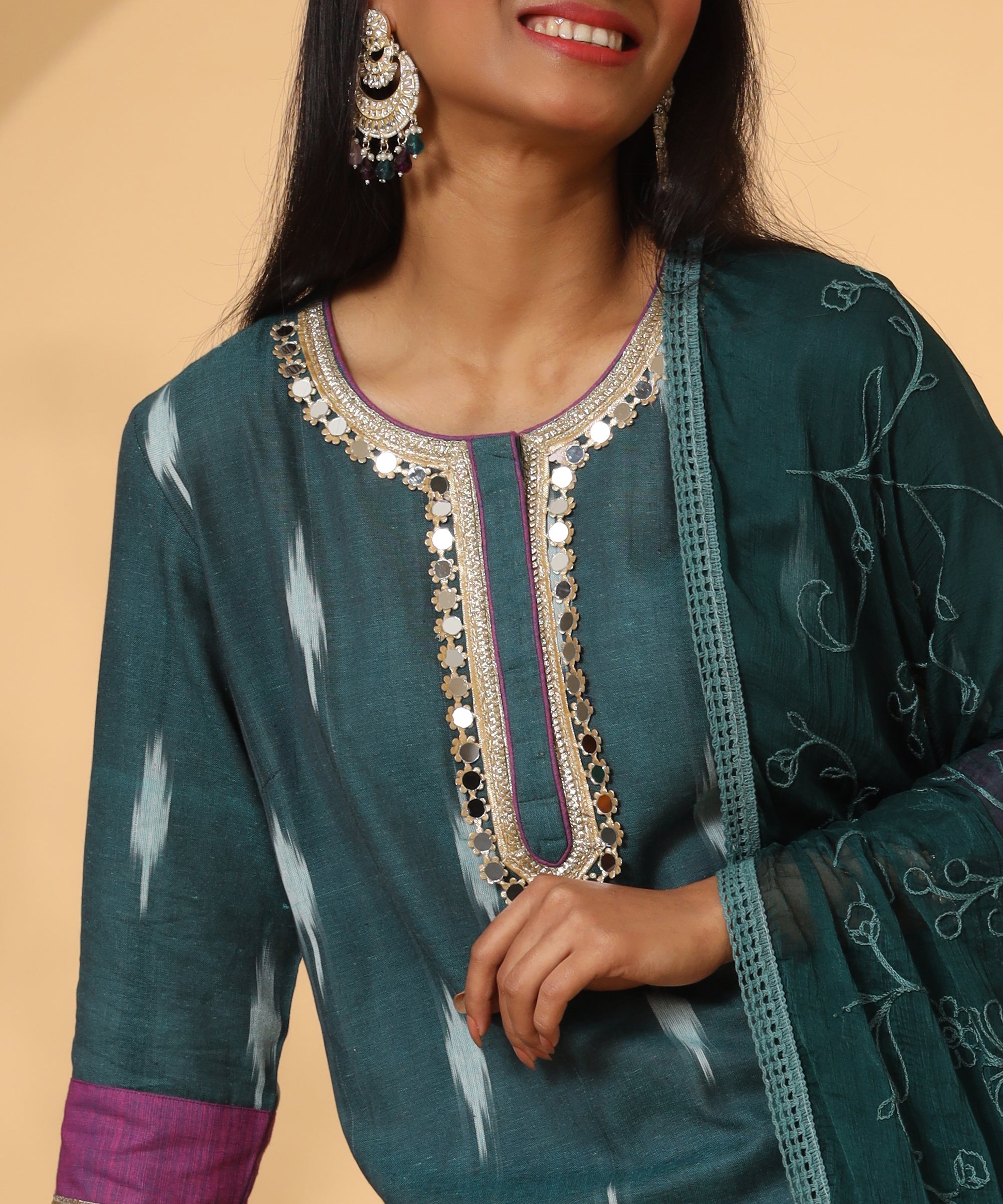 PRINTED GREEN LACE DETAILING SUIT SET FOR WOMEN