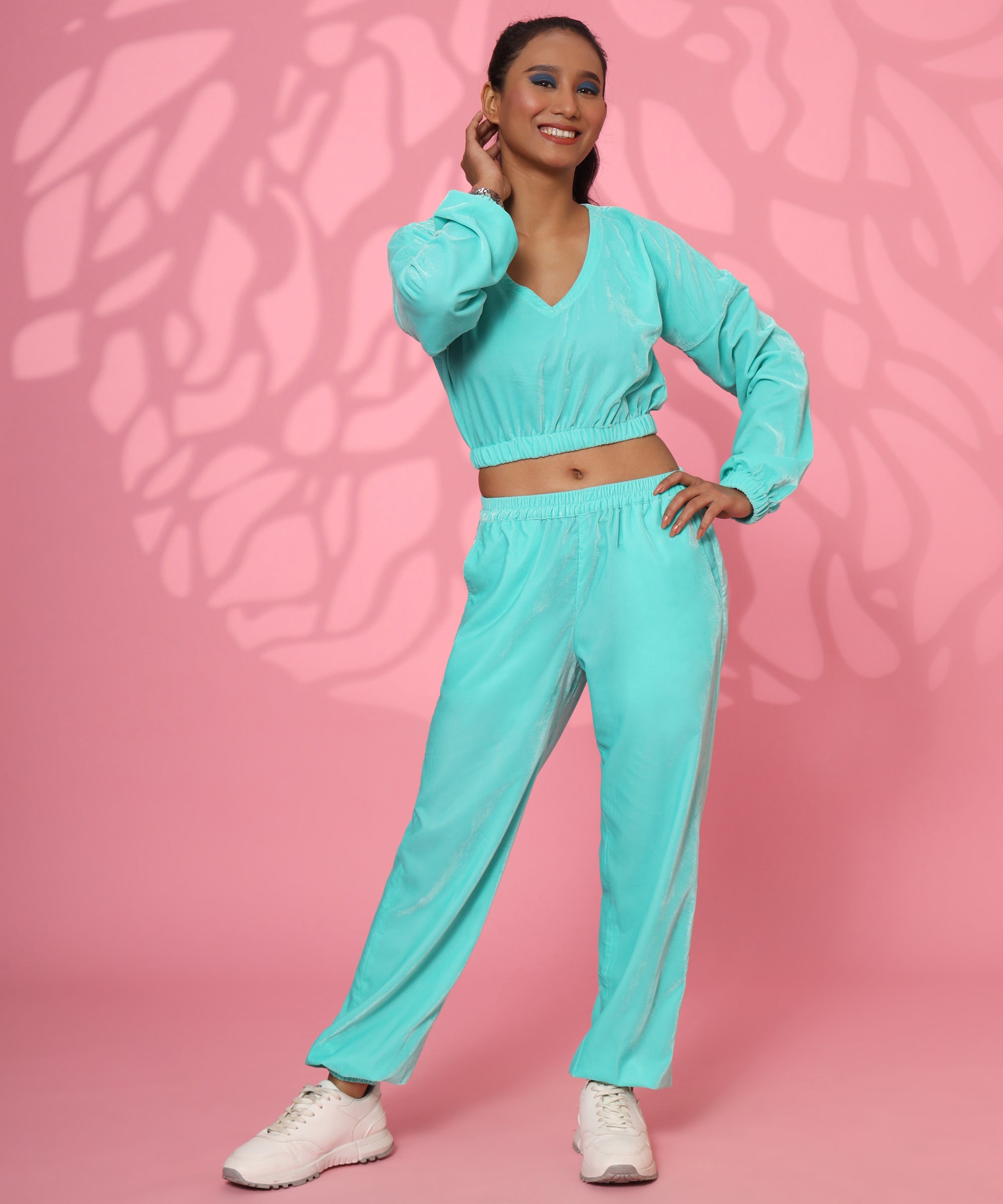 Blue Velvet Crop Top Style Coord Set for Women