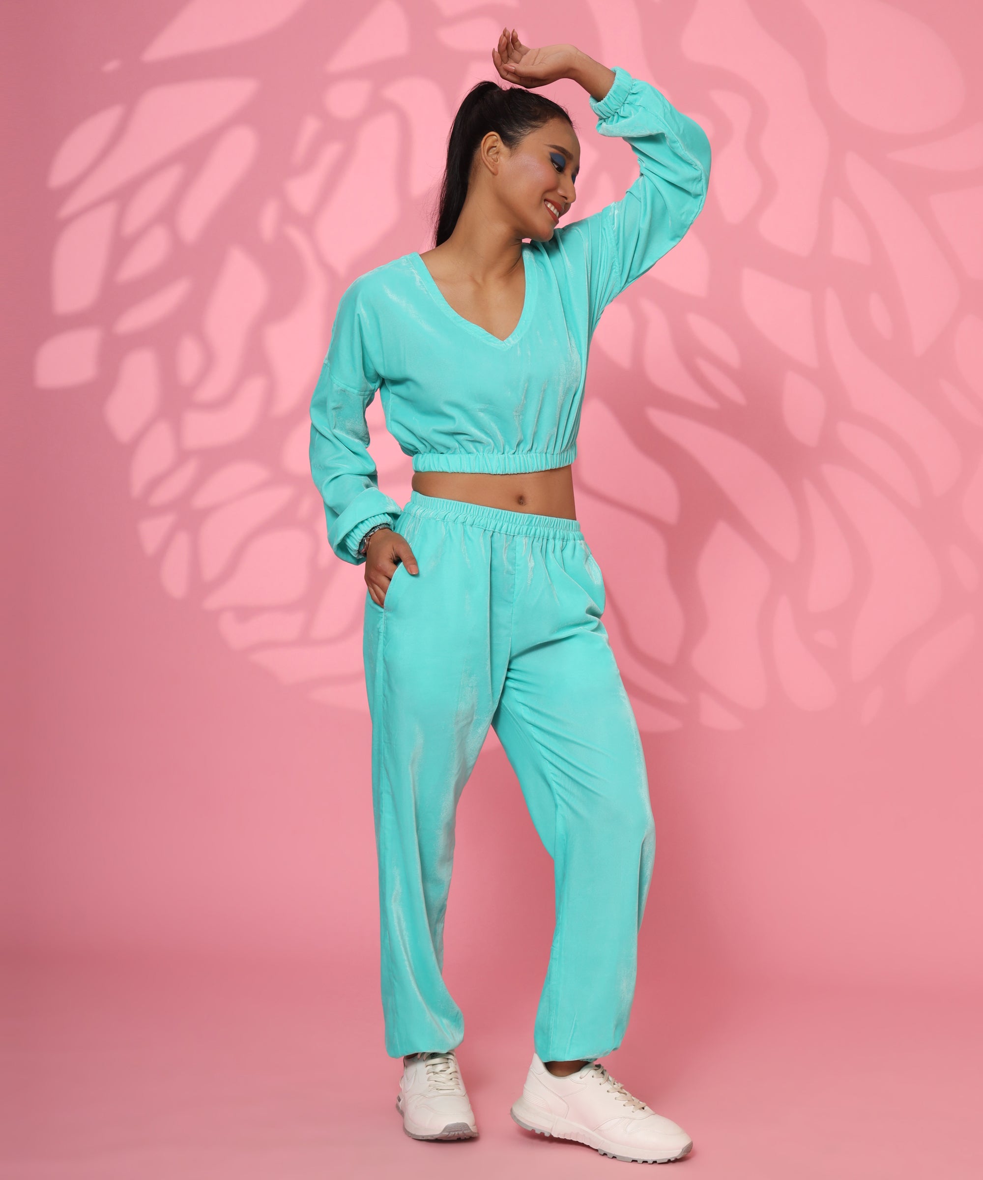 Blue Velvet Crop Top Style Coord Set for Women