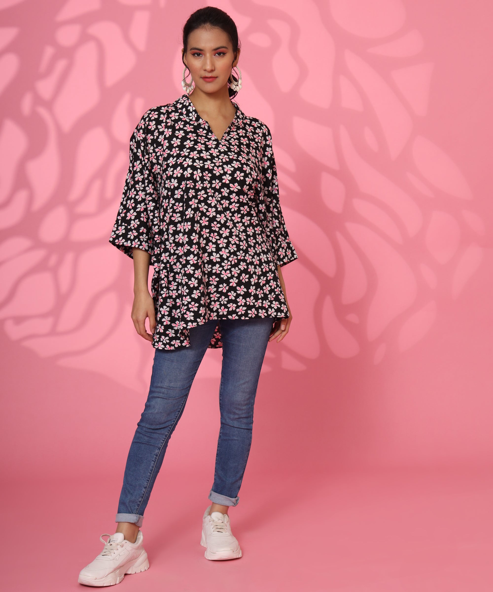 BLACK FLORAL PRINTED LOOSE FIT TOP FOR WOMEN