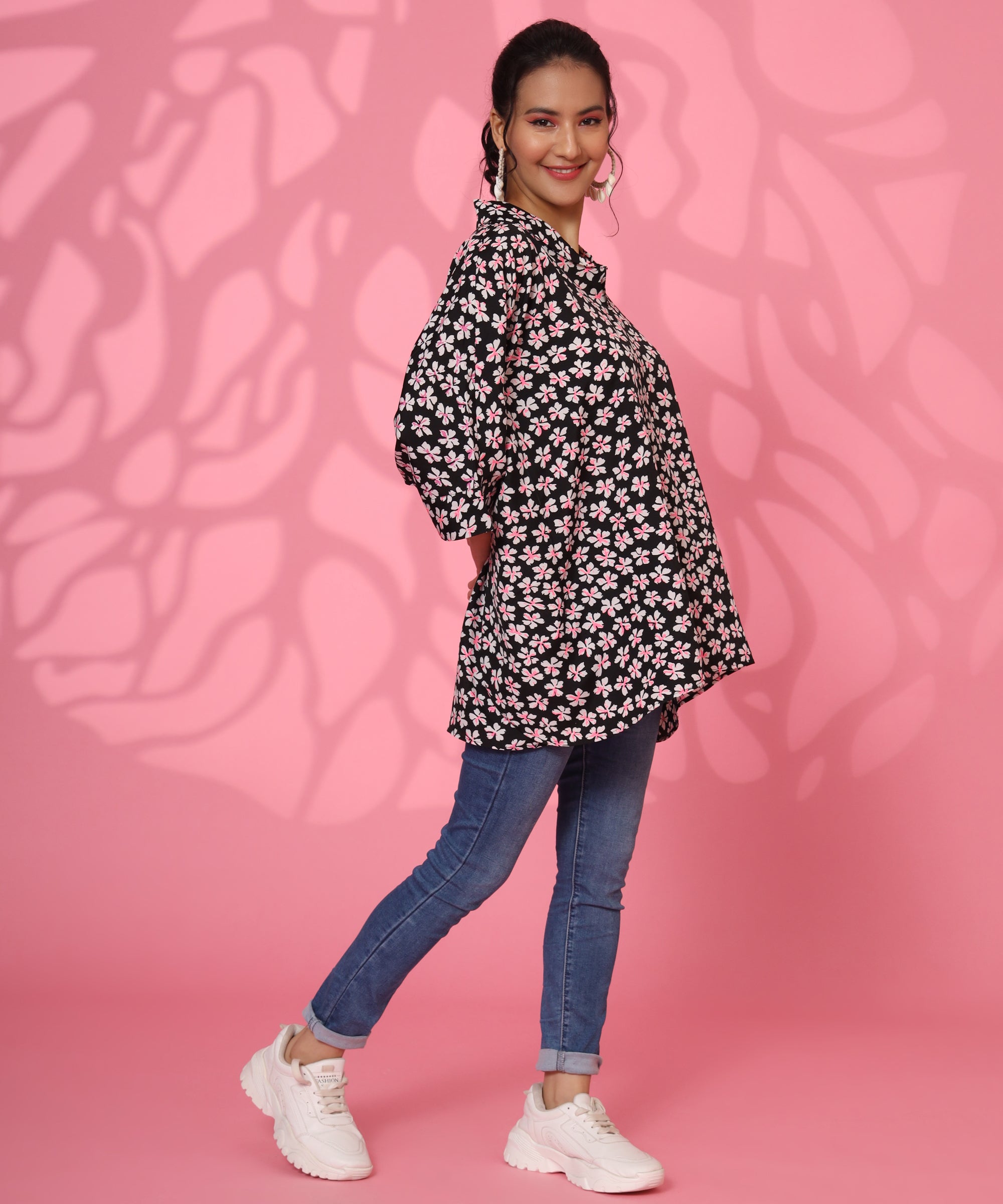 BLACK FLORAL PRINTED LOOSE FIT TOP FOR WOMEN