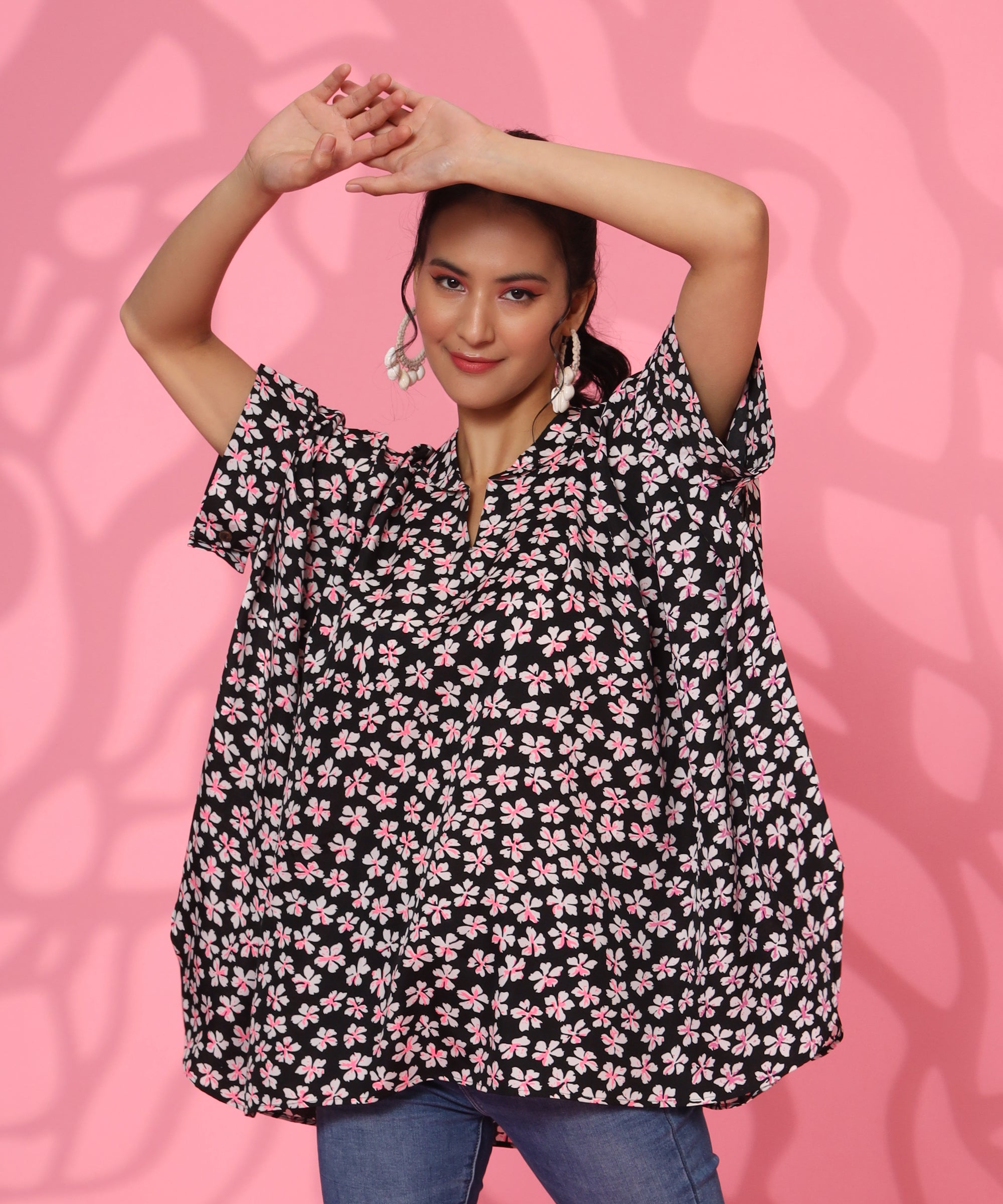 BLACK FLORAL PRINTED LOOSE FIT TOP FOR WOMEN