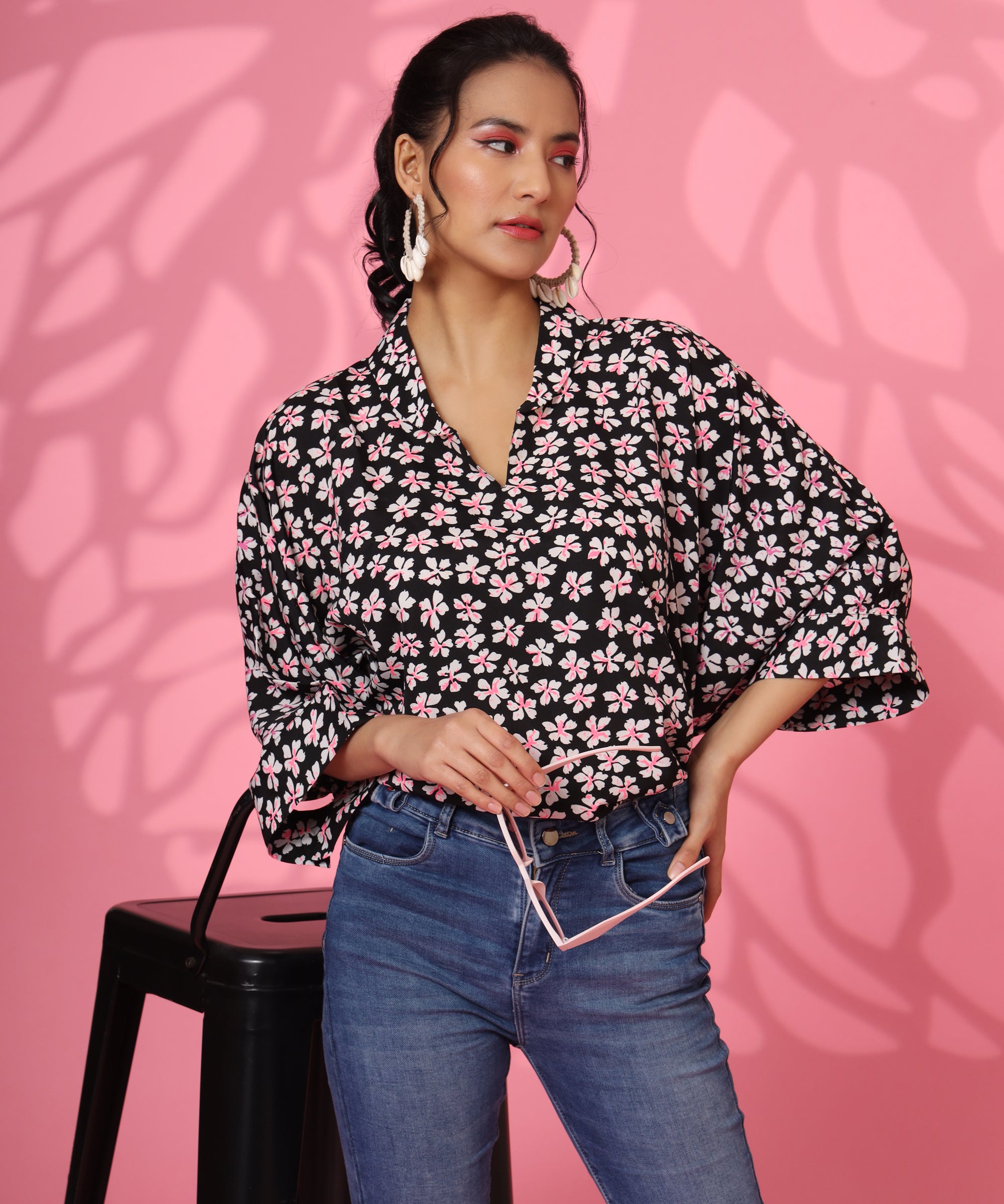 BLACK FLORAL PRINTED LOOSE FIT TOP FOR WOMEN