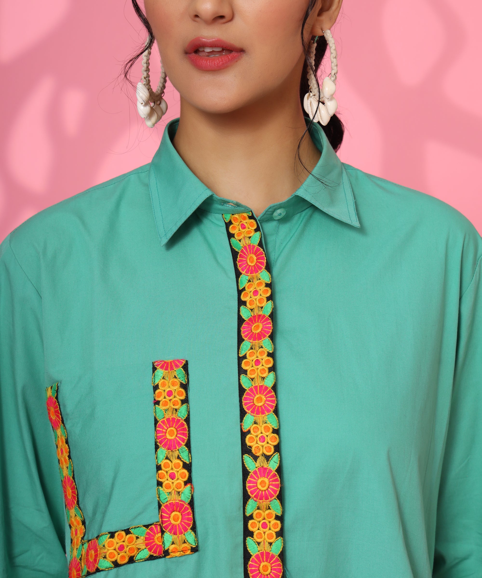 SEA GREEN LOOSE FIT EMBROIDERY SHIRT FOR WOMEN