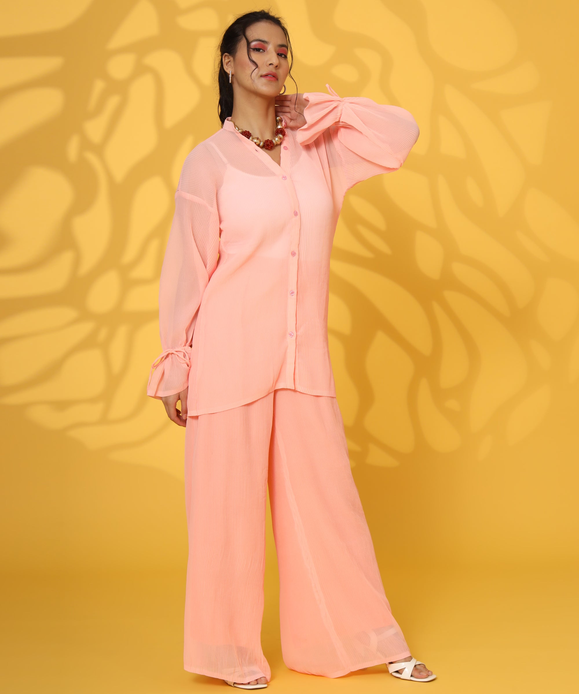 PINK PLEATED COORD SET FOR WOMEN