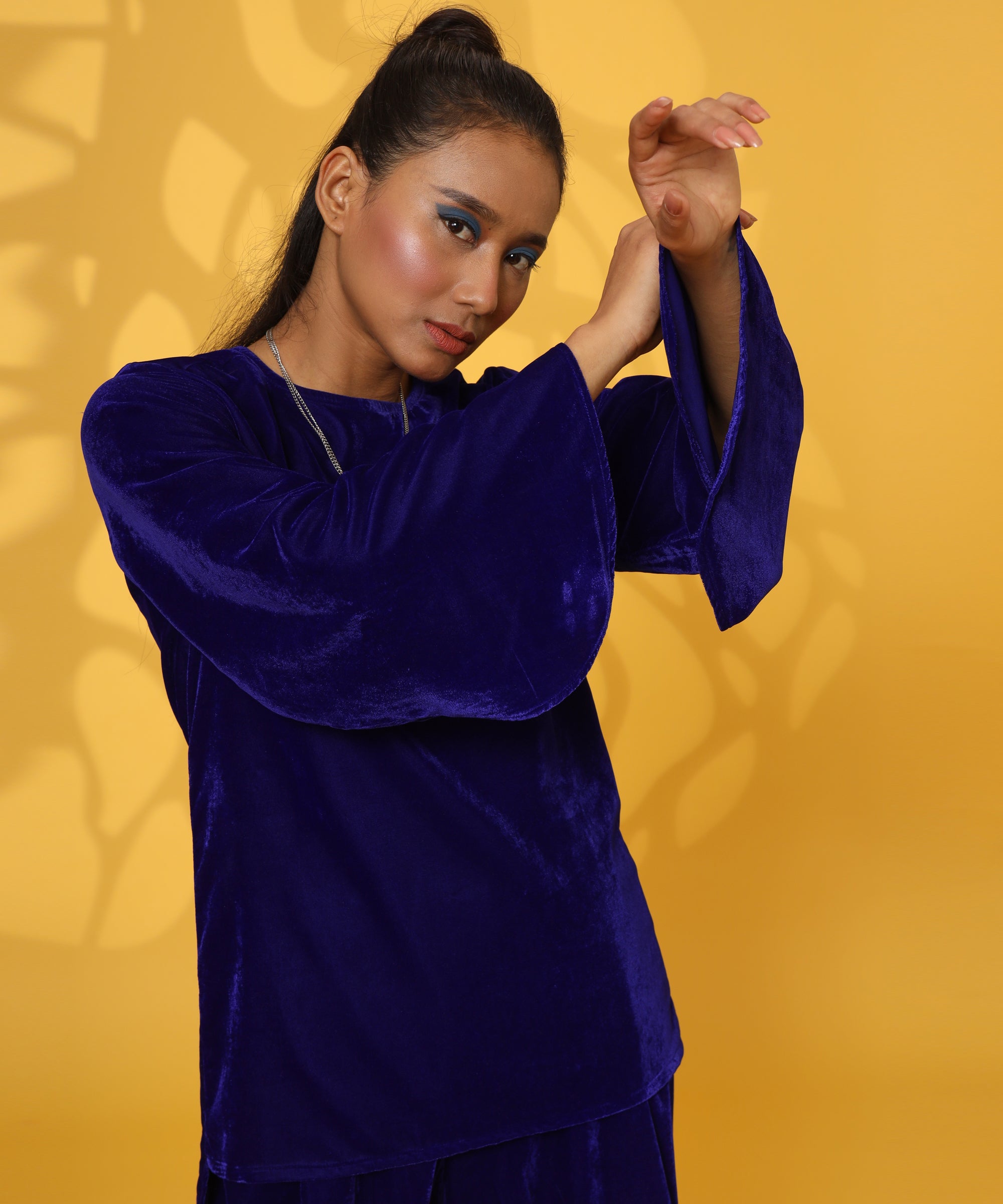 BLUE VELVET FULL SLEEVE DHOTI COORD SET FOR WOMEN