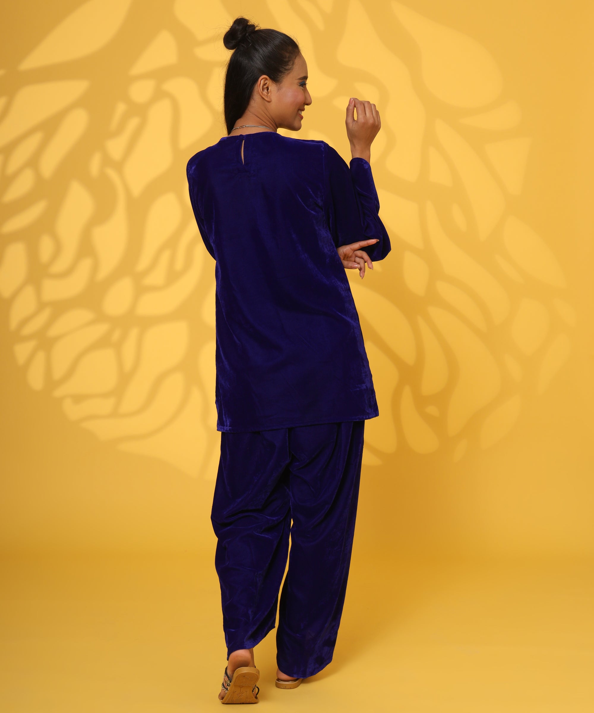 BLUE VELVET FULL SLEEVE DHOTI COORD SET FOR WOMEN