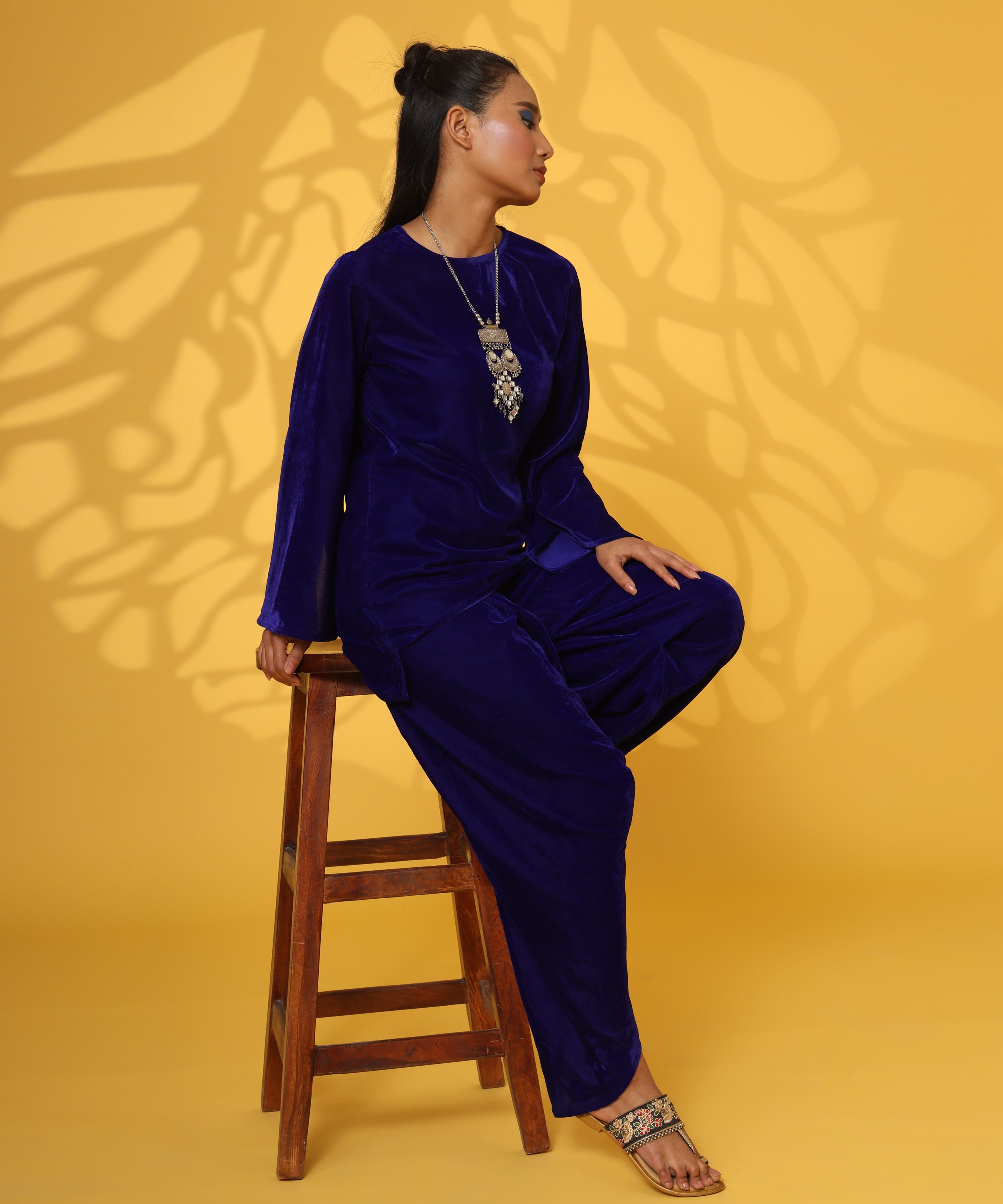 BLUE VELVET FULL SLEEVE DHOTI COORD SET FOR WOMEN