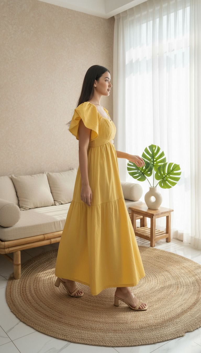Alaia Ruffle Shoulder Gown Yellow Dress