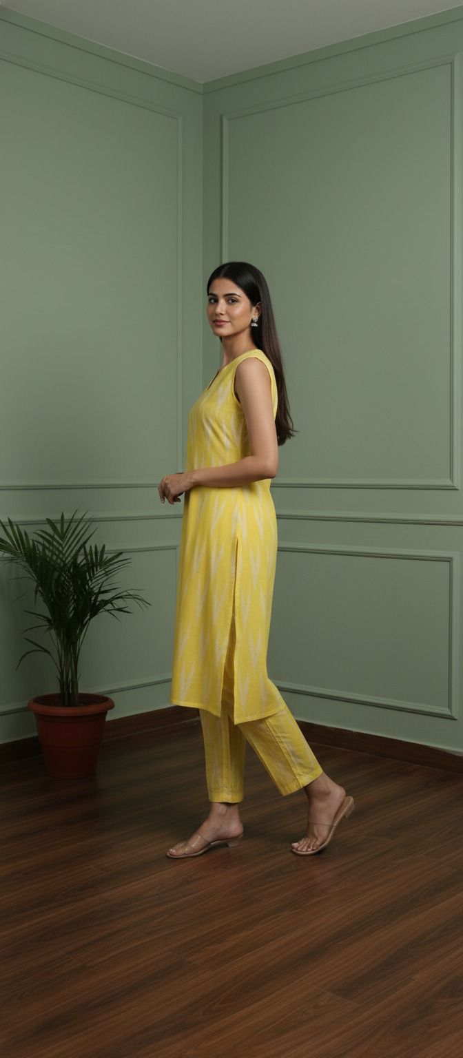 Hazel Yellow Ikat Sleeveless Coord Set For Women