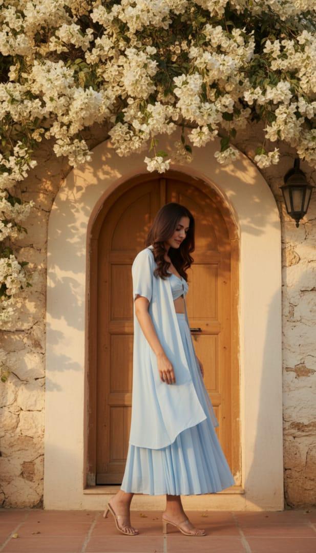 Emma Light Blue Three Piece With Skirt Dress