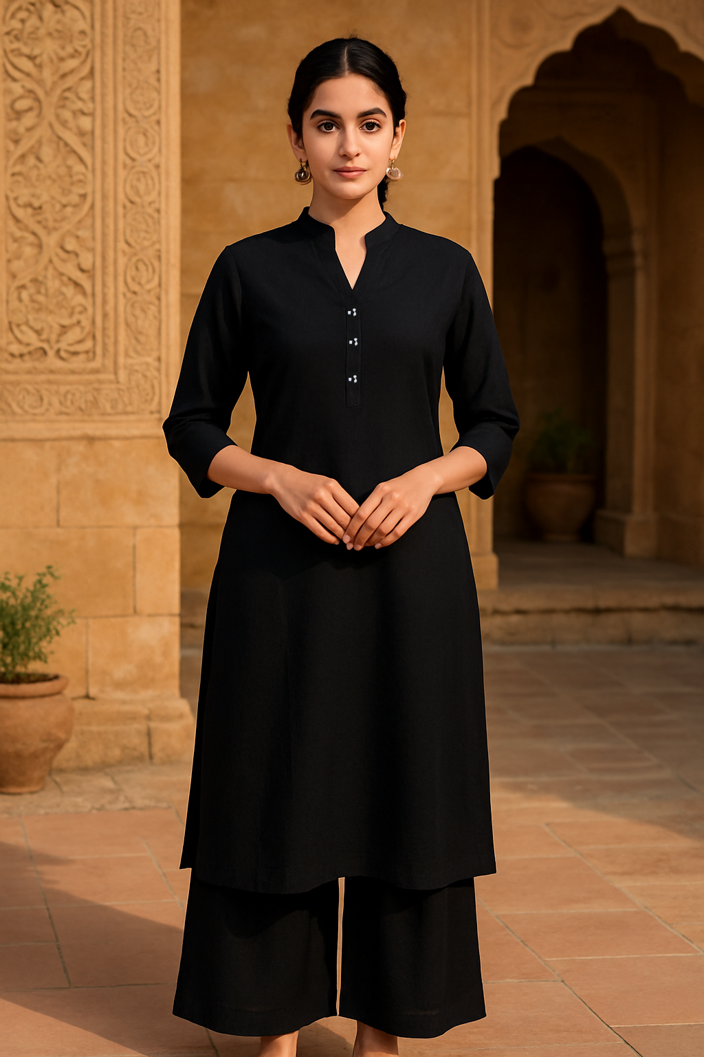 Josie Rayon Solid Black Kurta With Palazzo Set