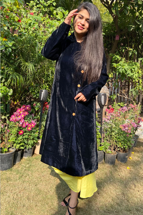 Navy Blue Velvet Travel Coat for Women