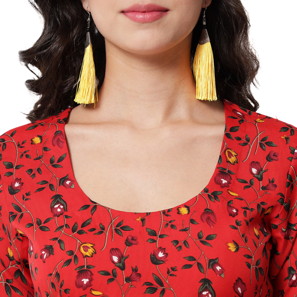 PRINTED RED A LINE DRESS FOR WOMEN