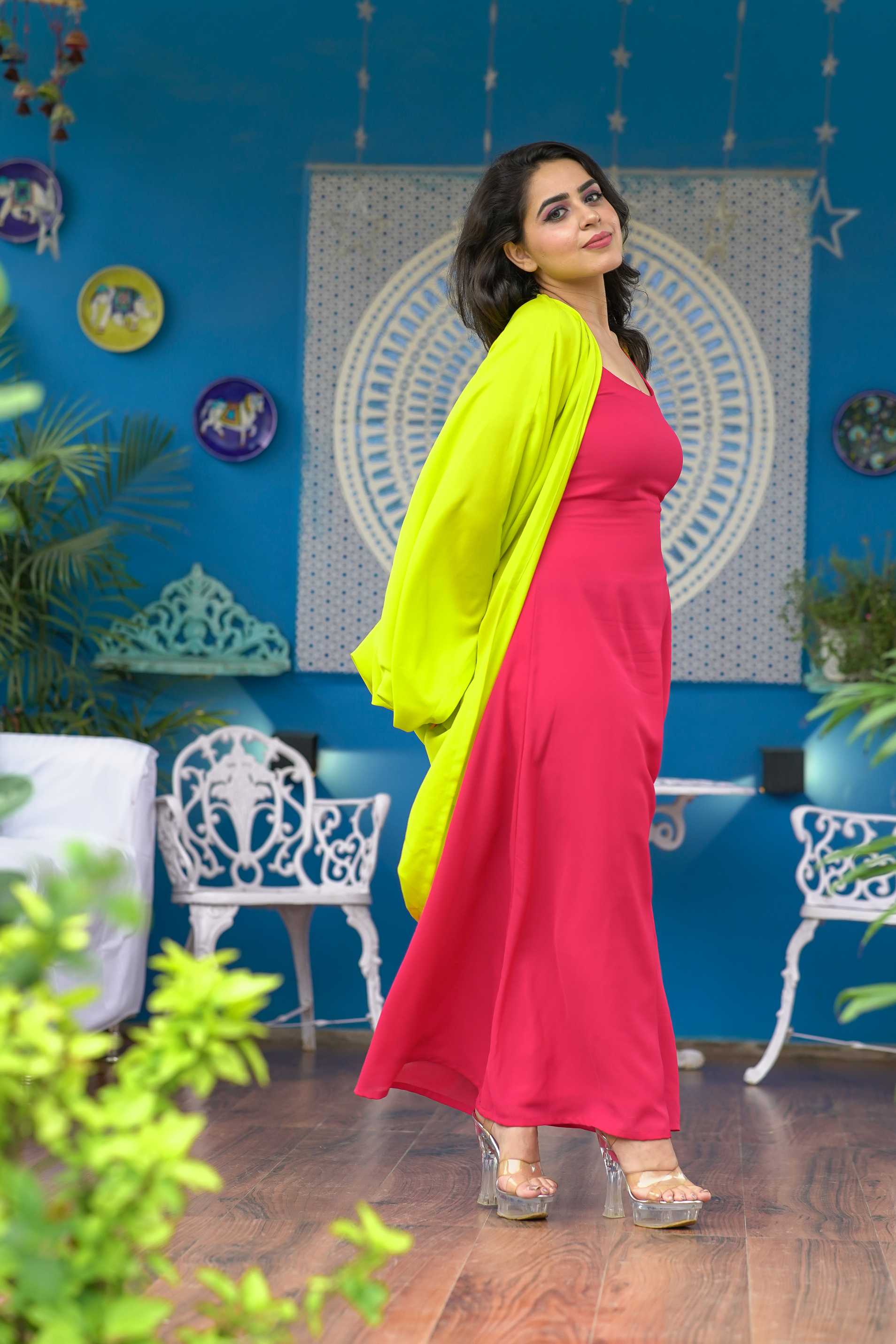 PREMIUM NEON GREEN SHRUG DRESS FOR WOMEN