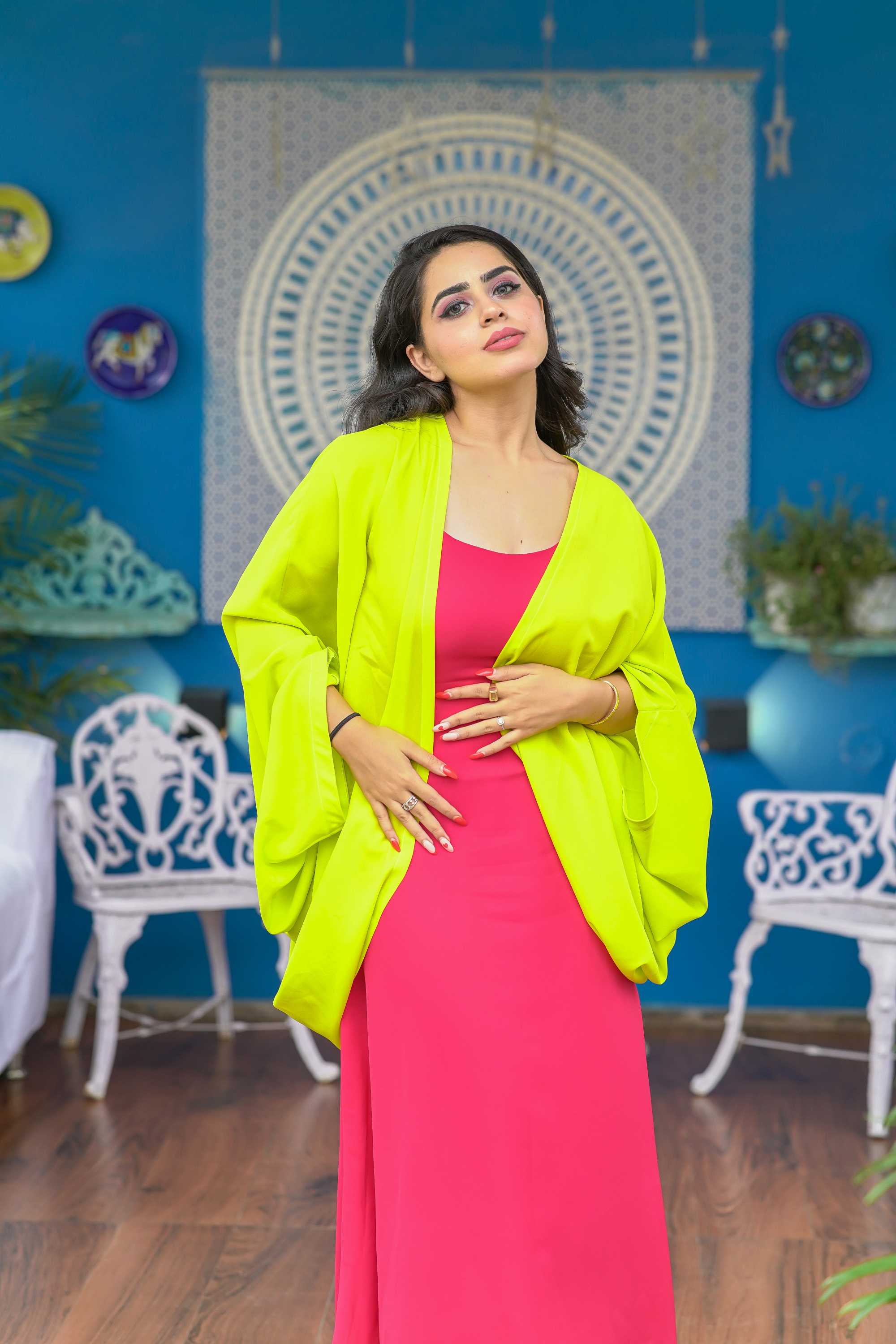 PREMIUM NEON GREEN SHRUG DRESS FOR WOMEN