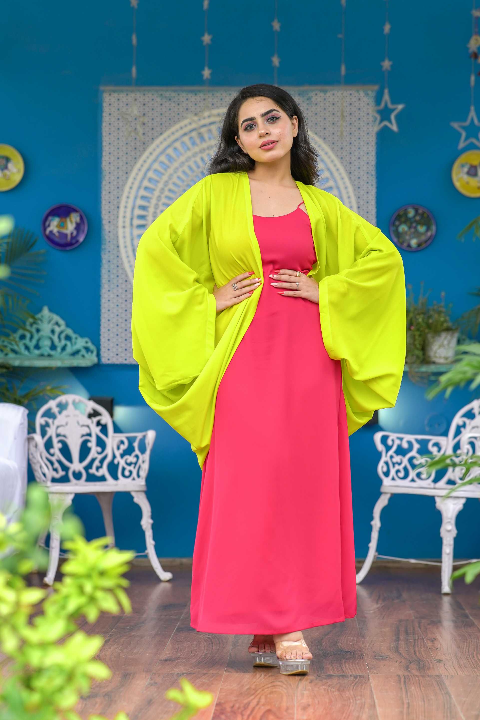 PREMIUM NEON GREEN SHRUG DRESS FOR WOMEN