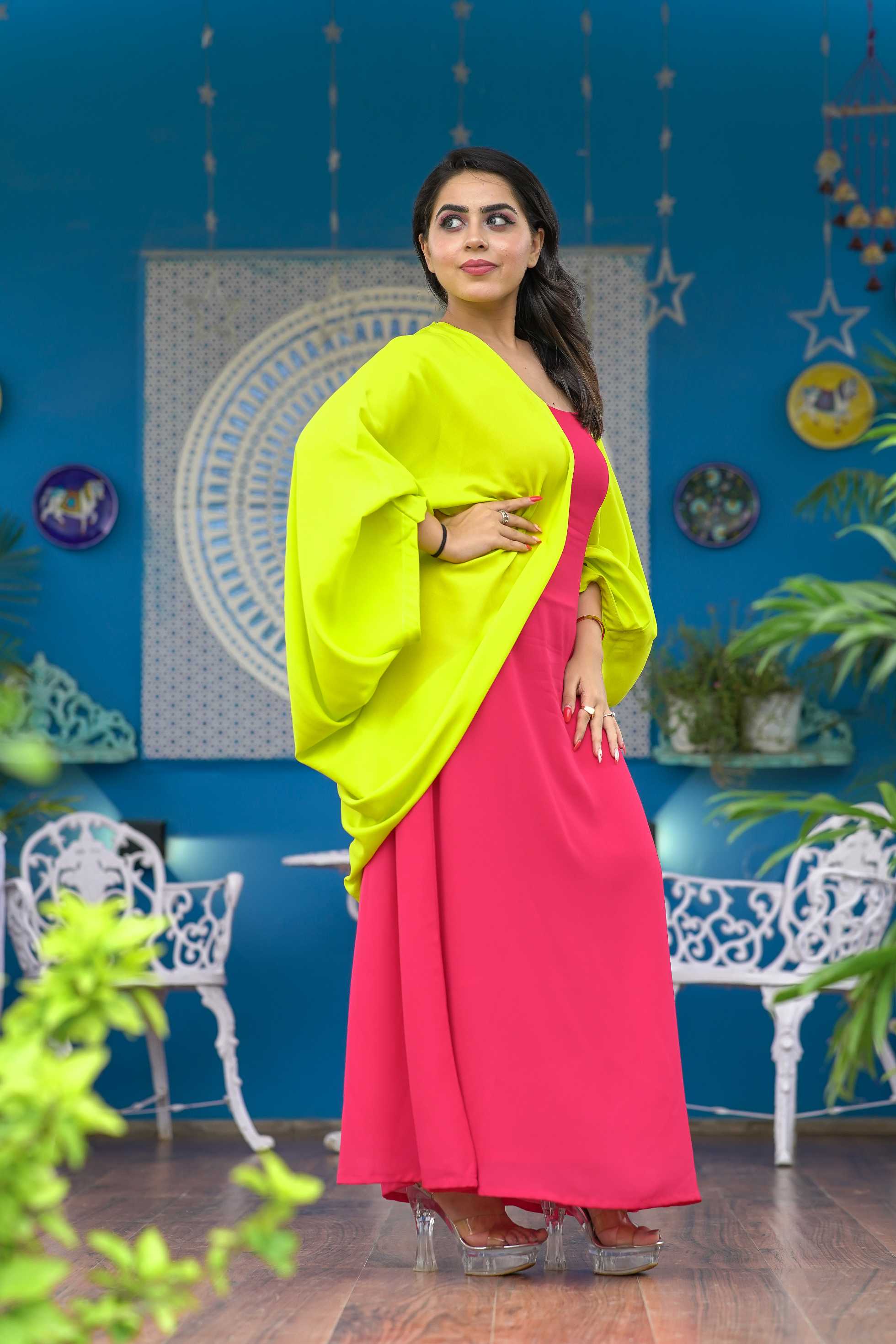 PREMIUM NEON GREEN SHRUG DRESS FOR WOMEN