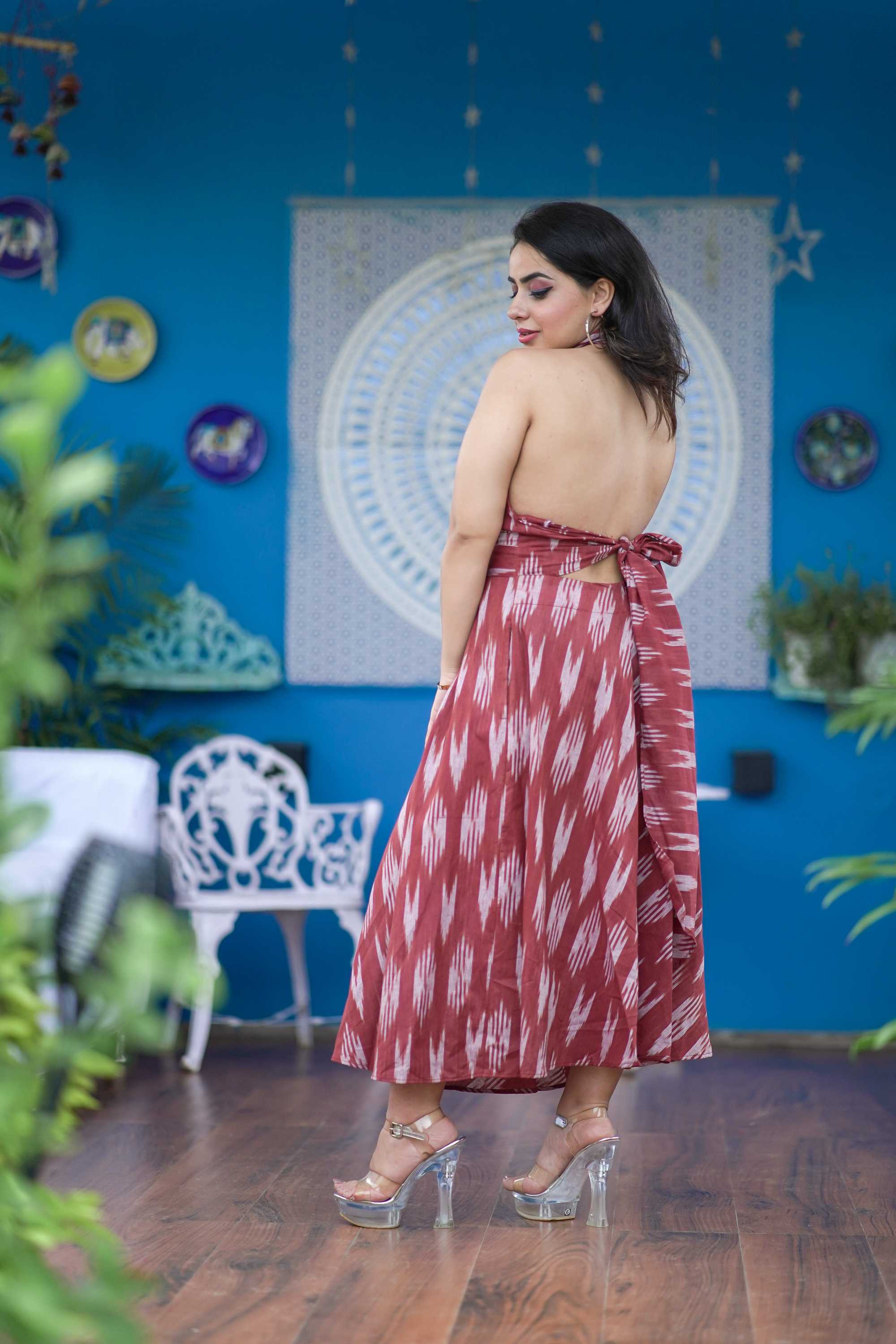 BROWN A LINE HALTER NECK DRESS FOR WOMEN