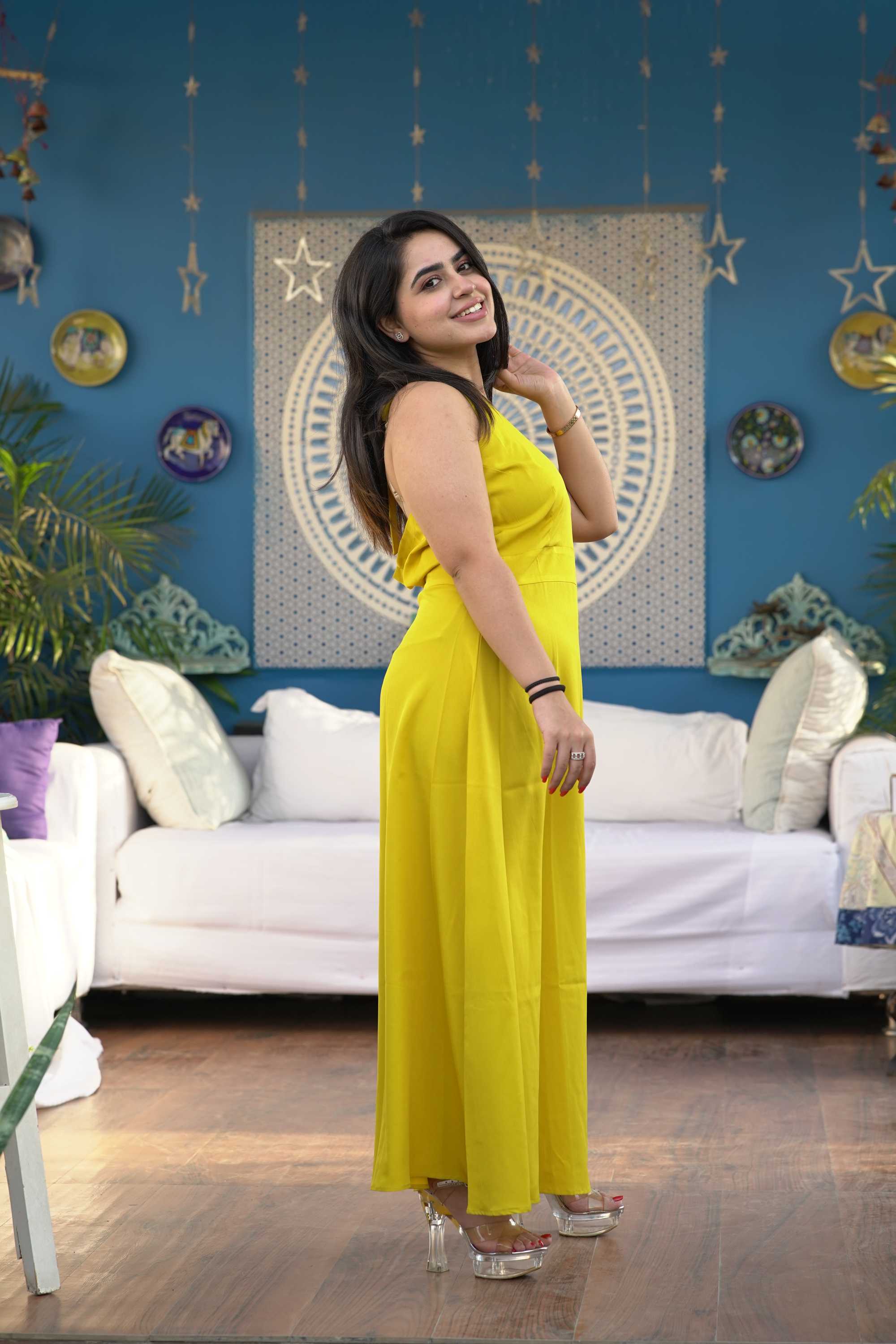 YELLOW V NECK MAXI DRESS FOR WOMEN