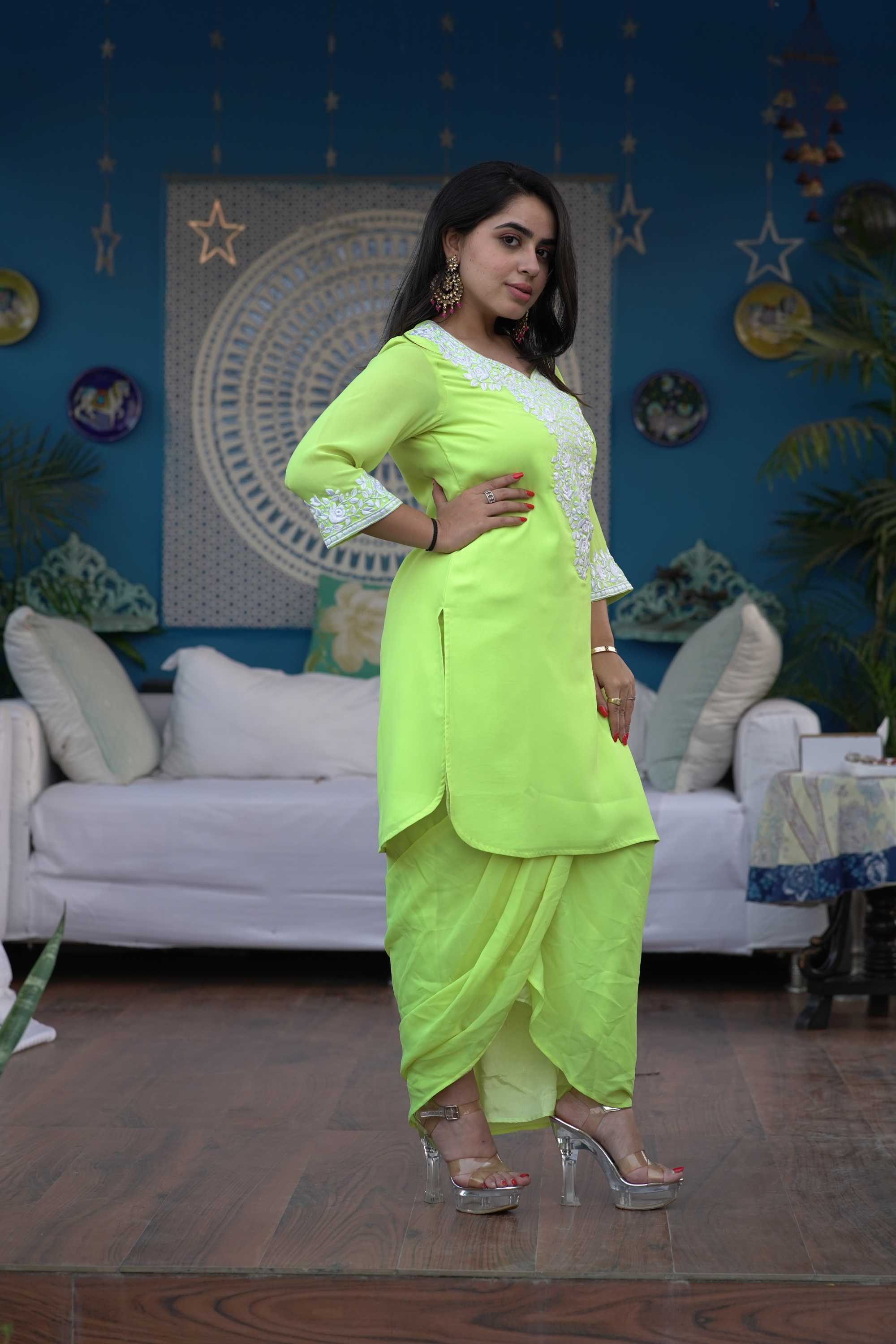 ANEKA EMBROIDERED LIME GREEN KURTA DHOTI SET