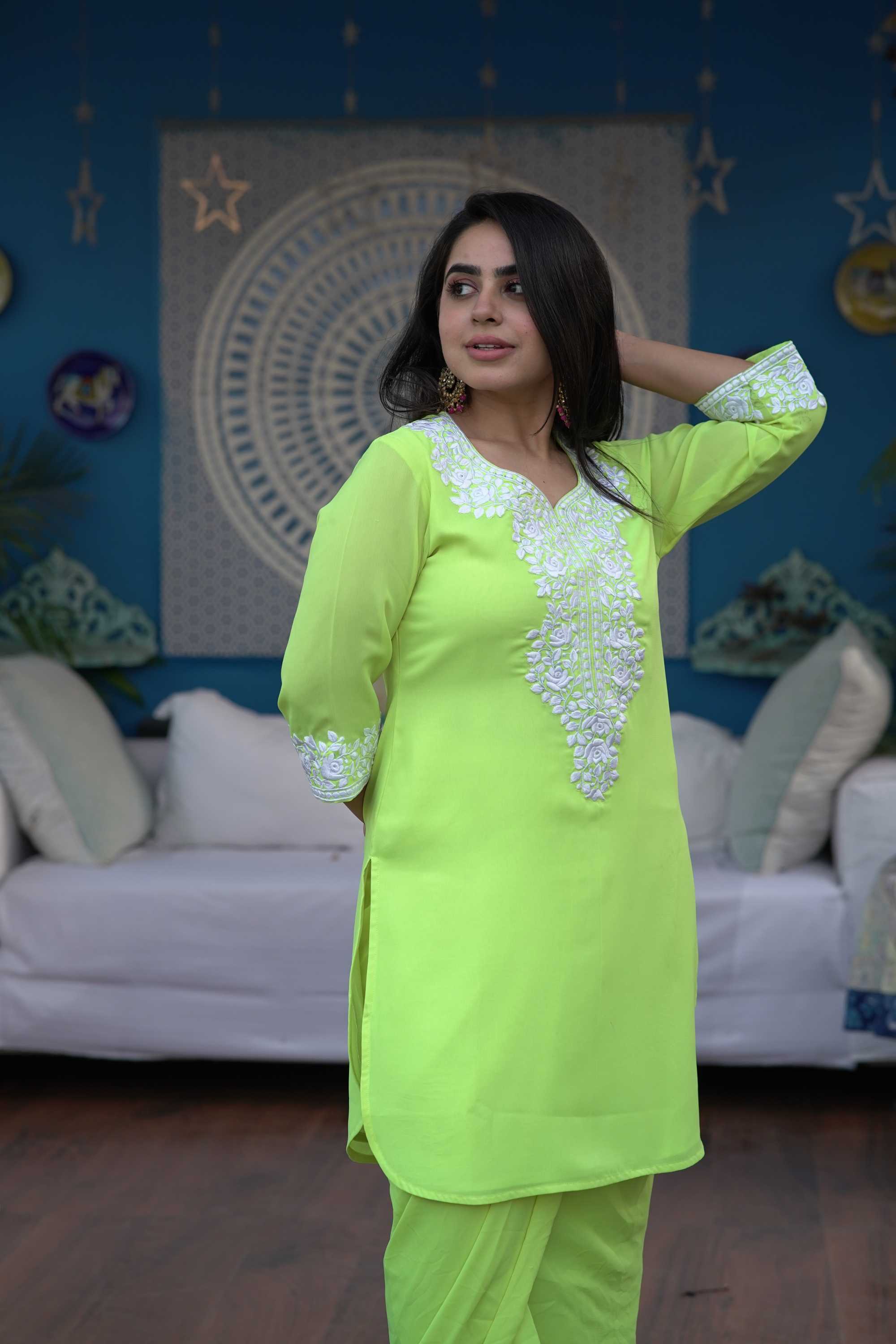 ANEKA EMBROIDERED LIME GREEN KURTA DHOTI SET