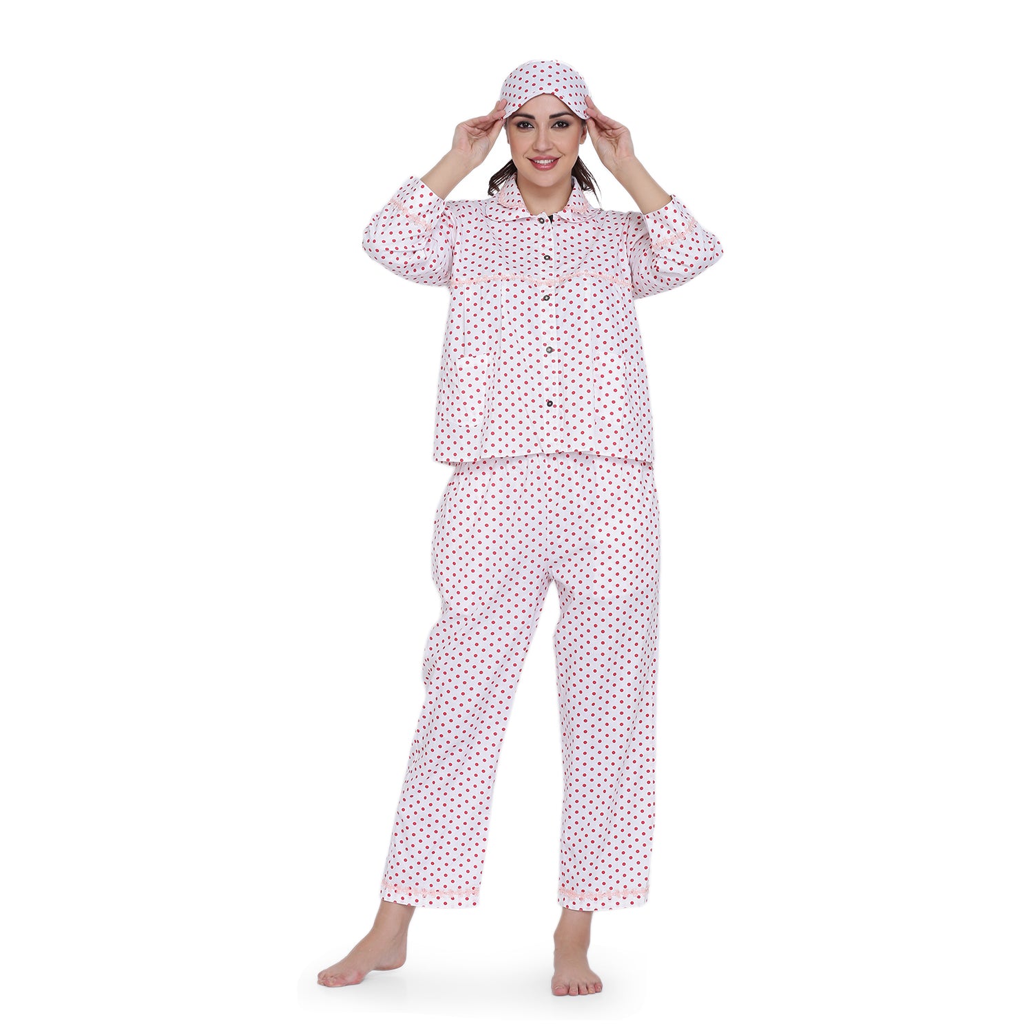 POLKA DOT PINK NIGHT SUIT WITH EYE AND FACE MASK