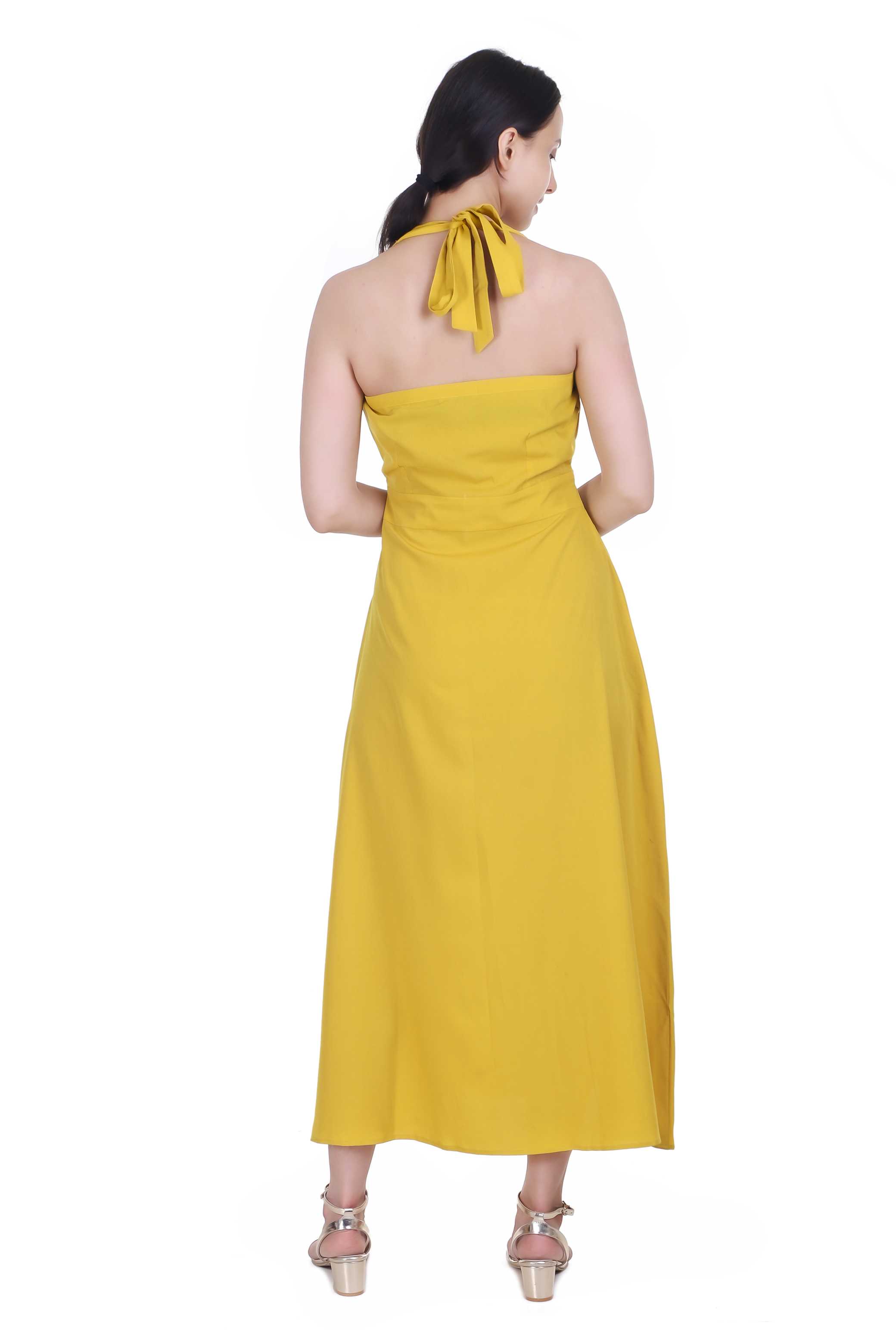 YELLOW V NECK MAXI DRESS FOR WOMEN