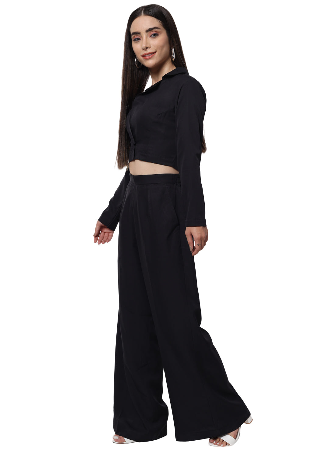 Jet Black Crepe Co-Ord Set with V-Neckline for Women
